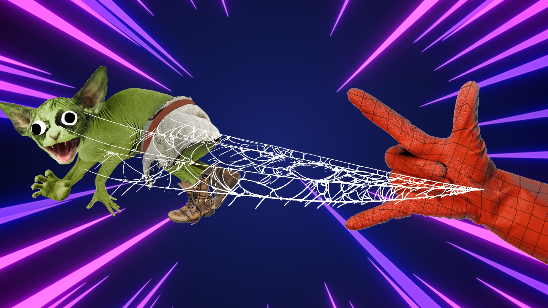 Beano spider-Man hand, goblin and web on laser background