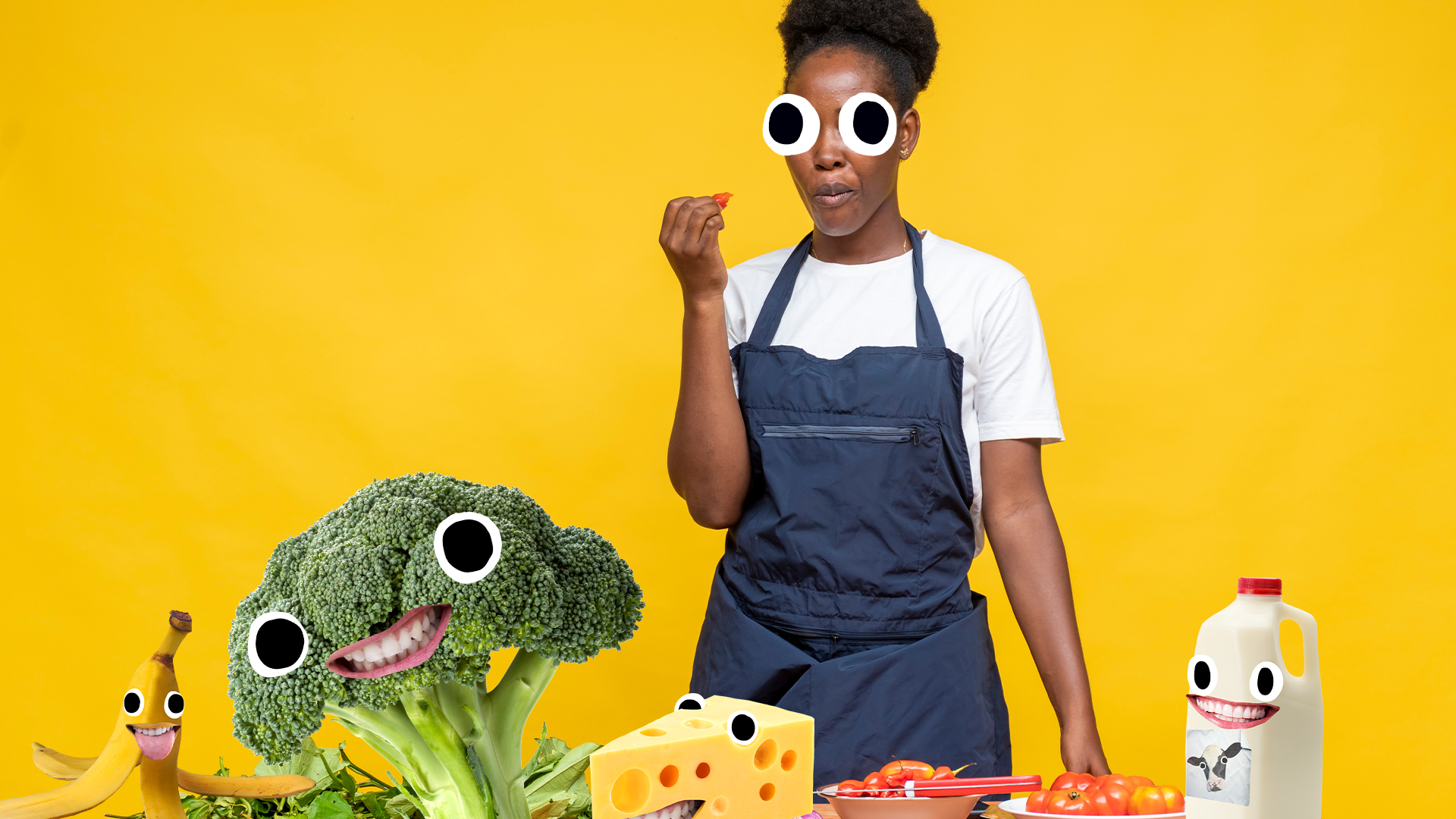 Female chef on yellow background with Beano food