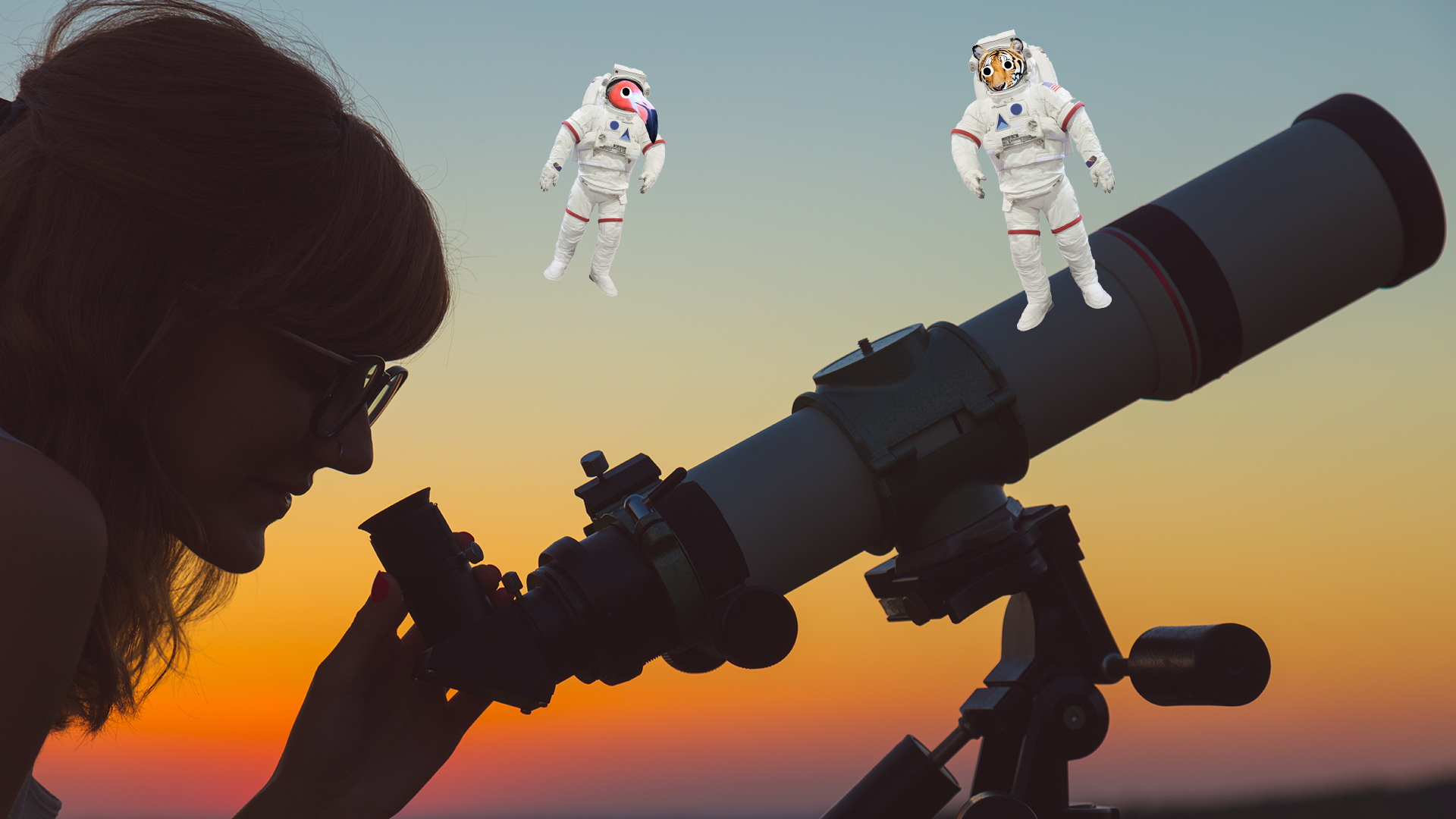 Woman looking through telescope and Beano astronauts