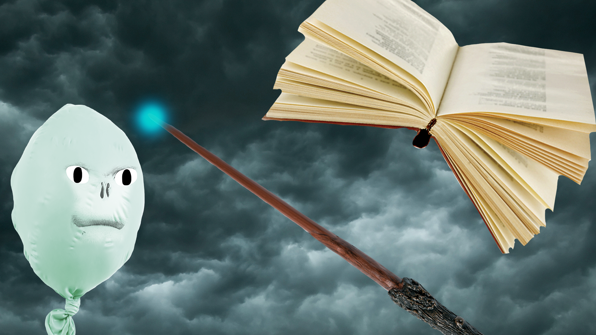 Voldemort, wand and book on cloud background