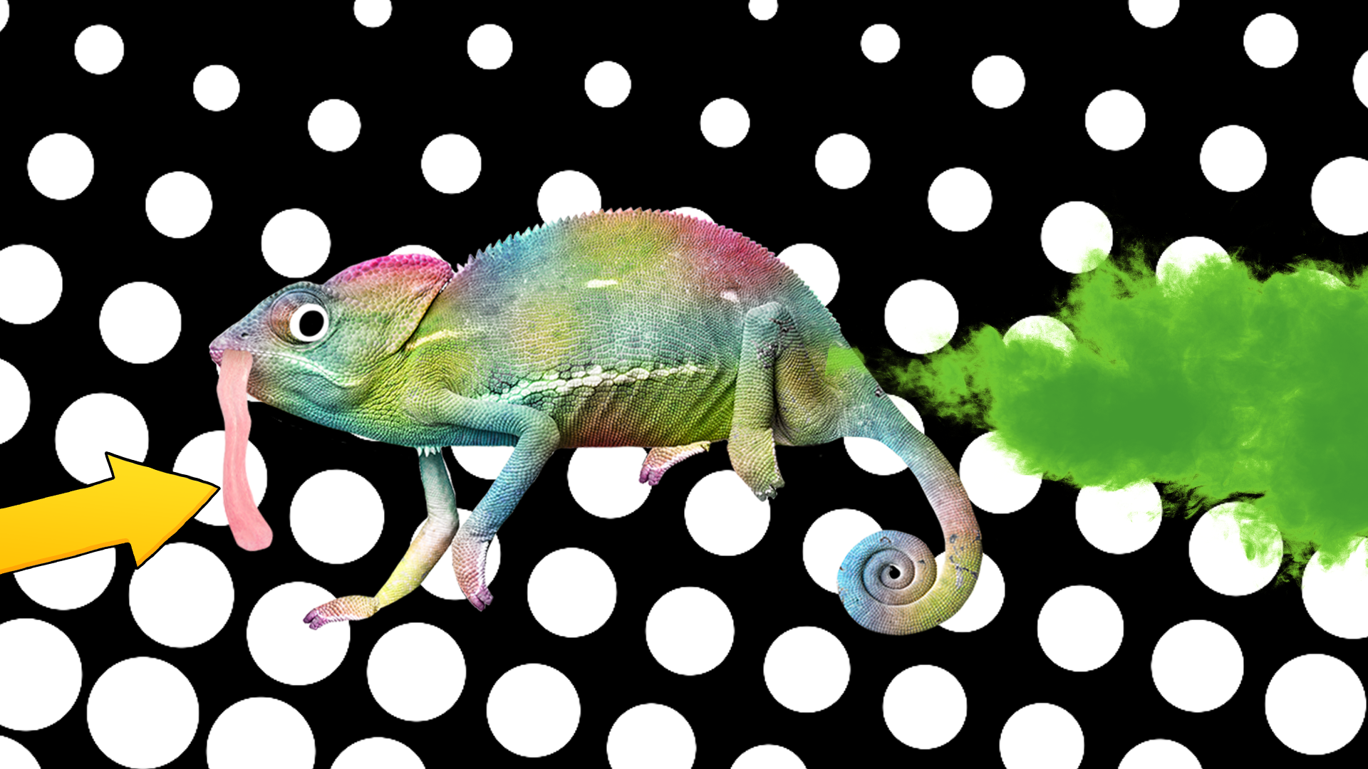 Beano chameleon with arrow and fart cloud on spotted background