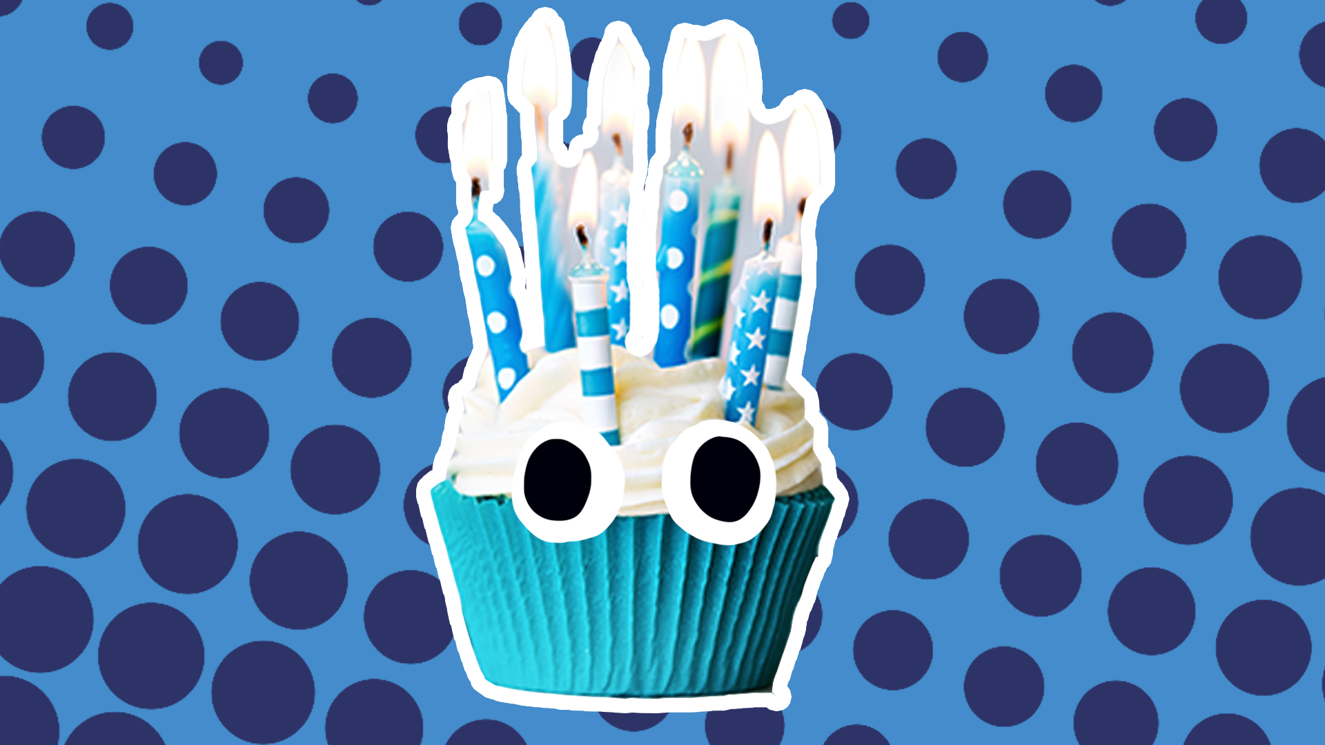 Blue birthday cake on blue background with eyes