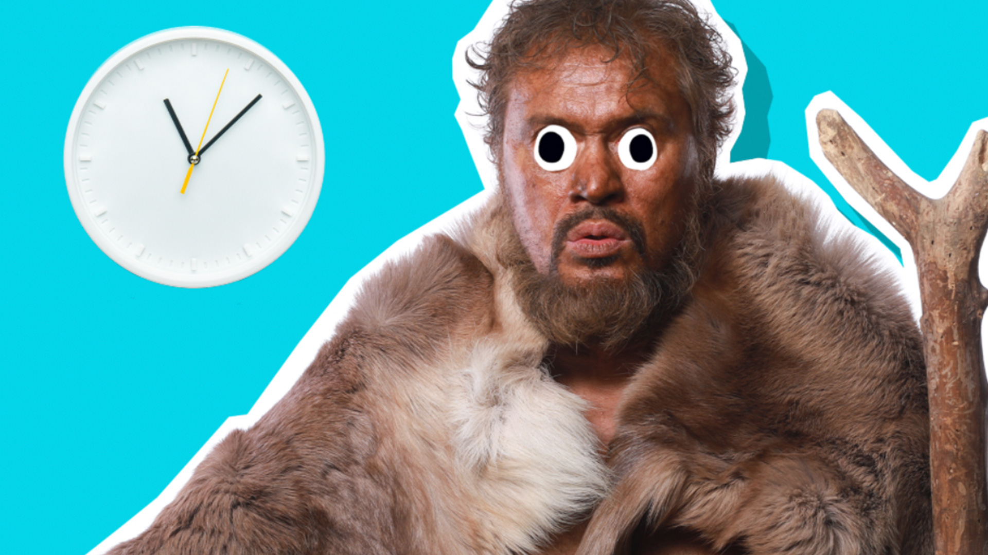 A caveman and a kitchen clock
