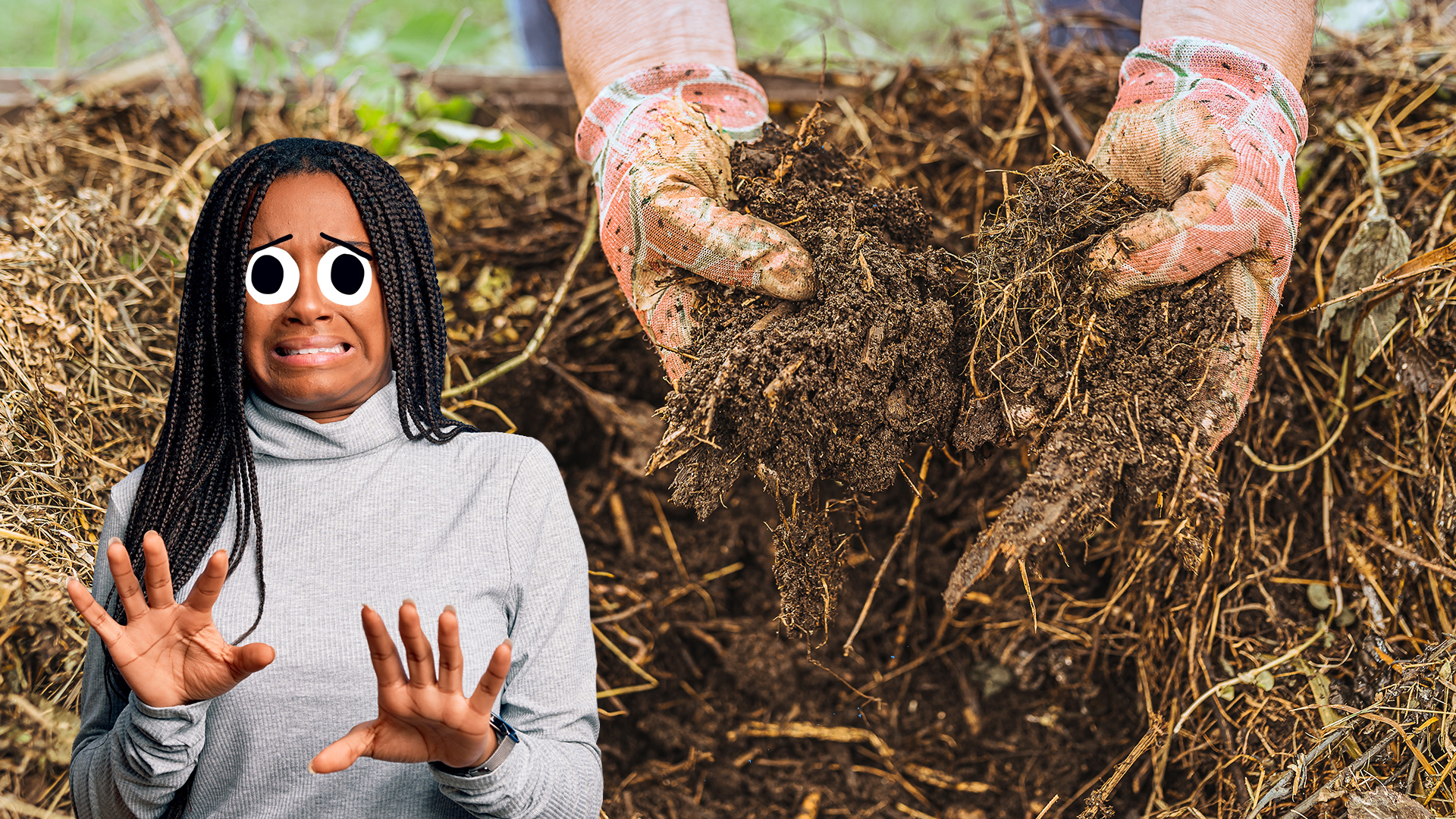 A woman reacting to the smell of a compost heap