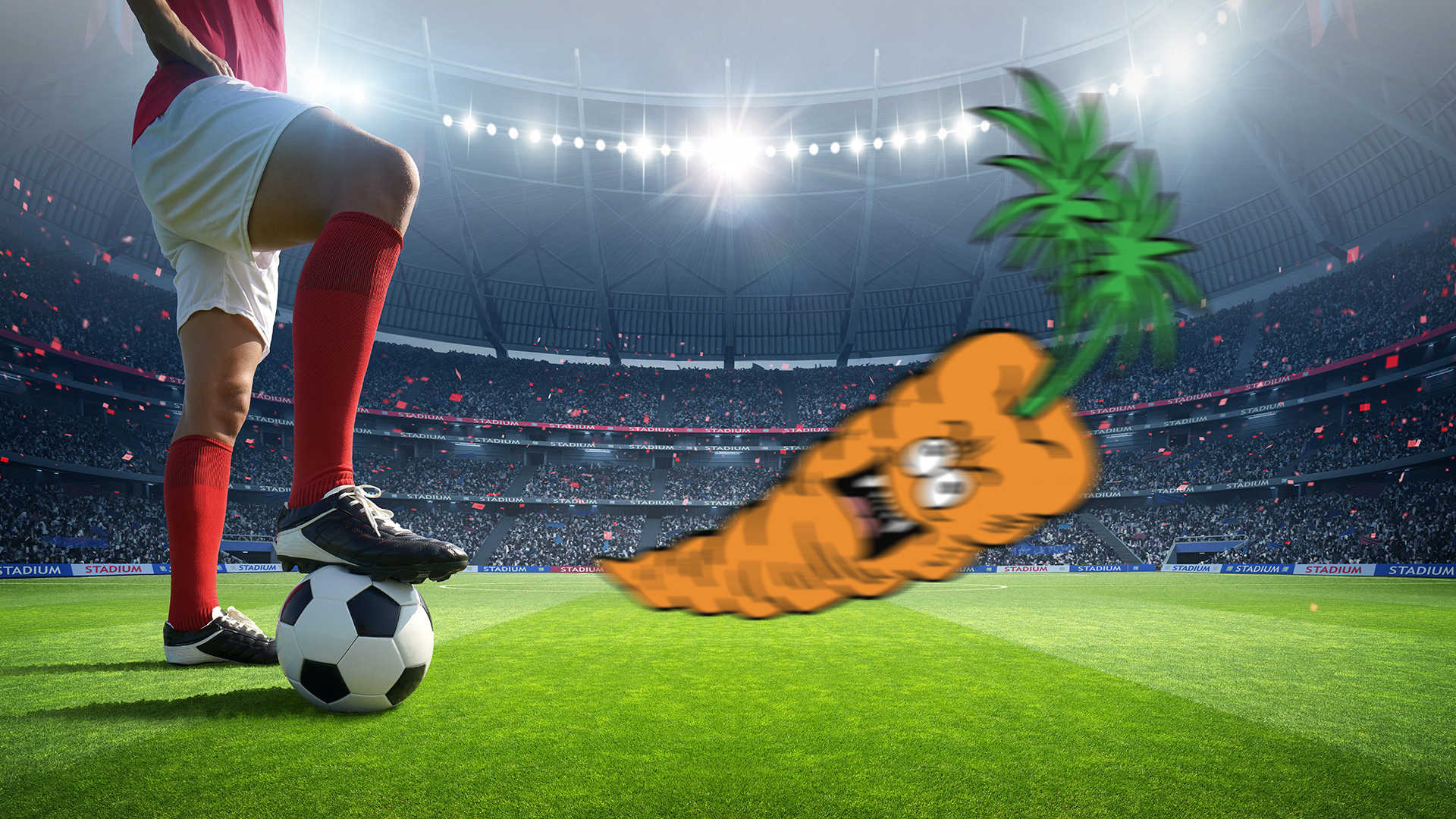 Footballer and carrot doing a sliding tackle