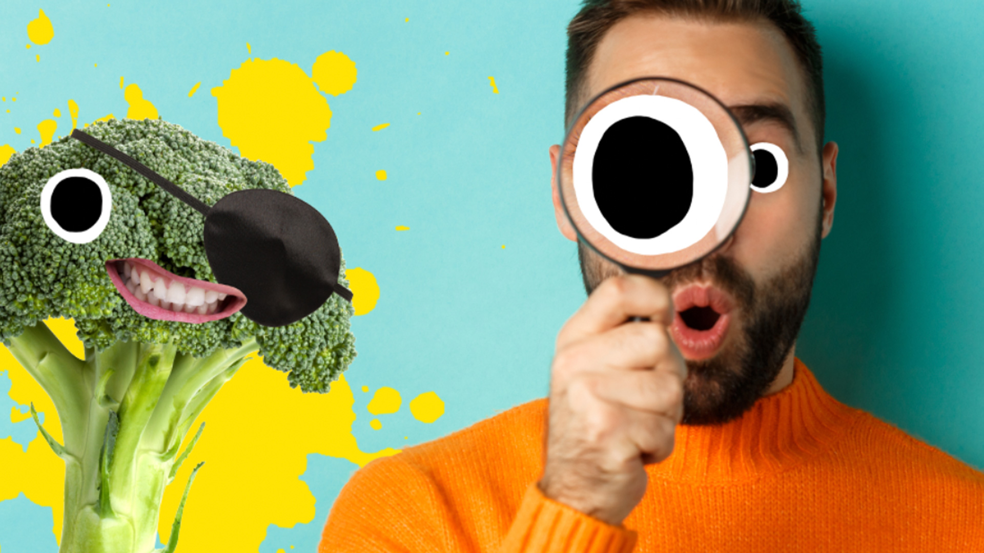 A man looking at broccoli with a magnifying glass