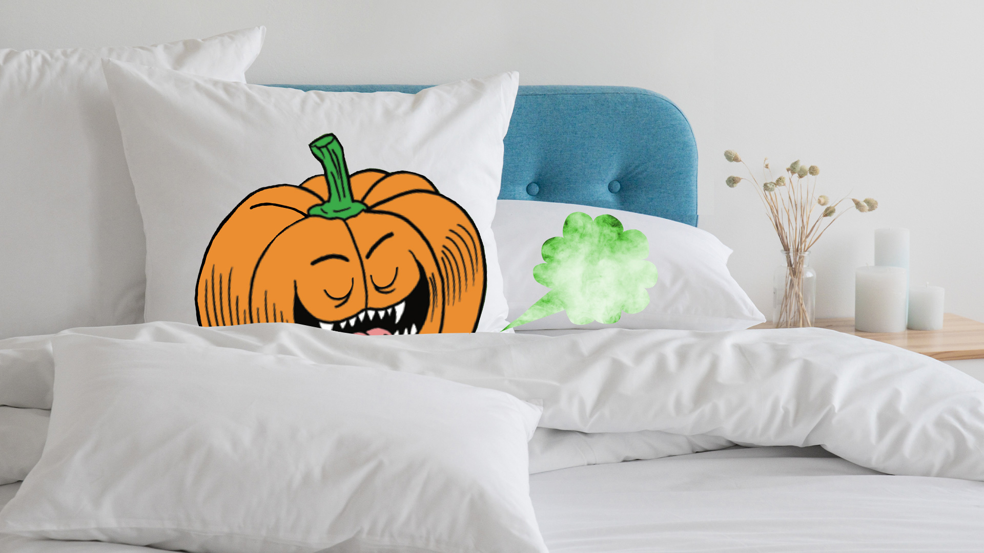 A pumpkin farting in a bed