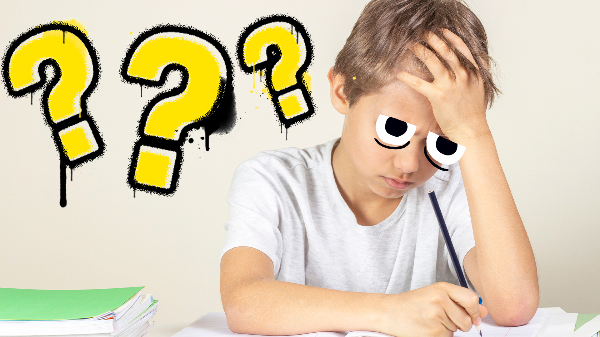 Boy doing homework and question marks
