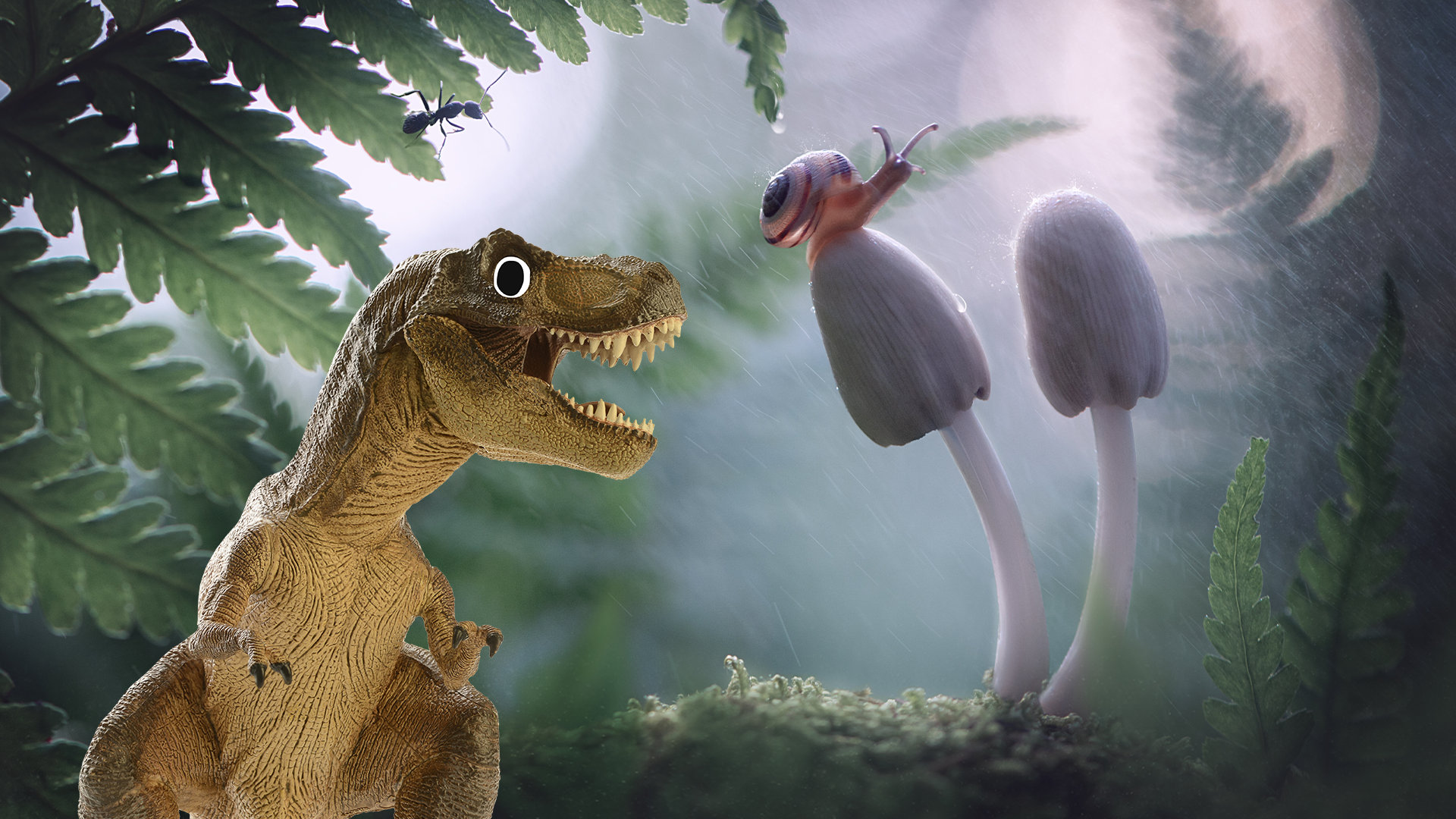 Dinosaur and mushroom and snail in magical forest