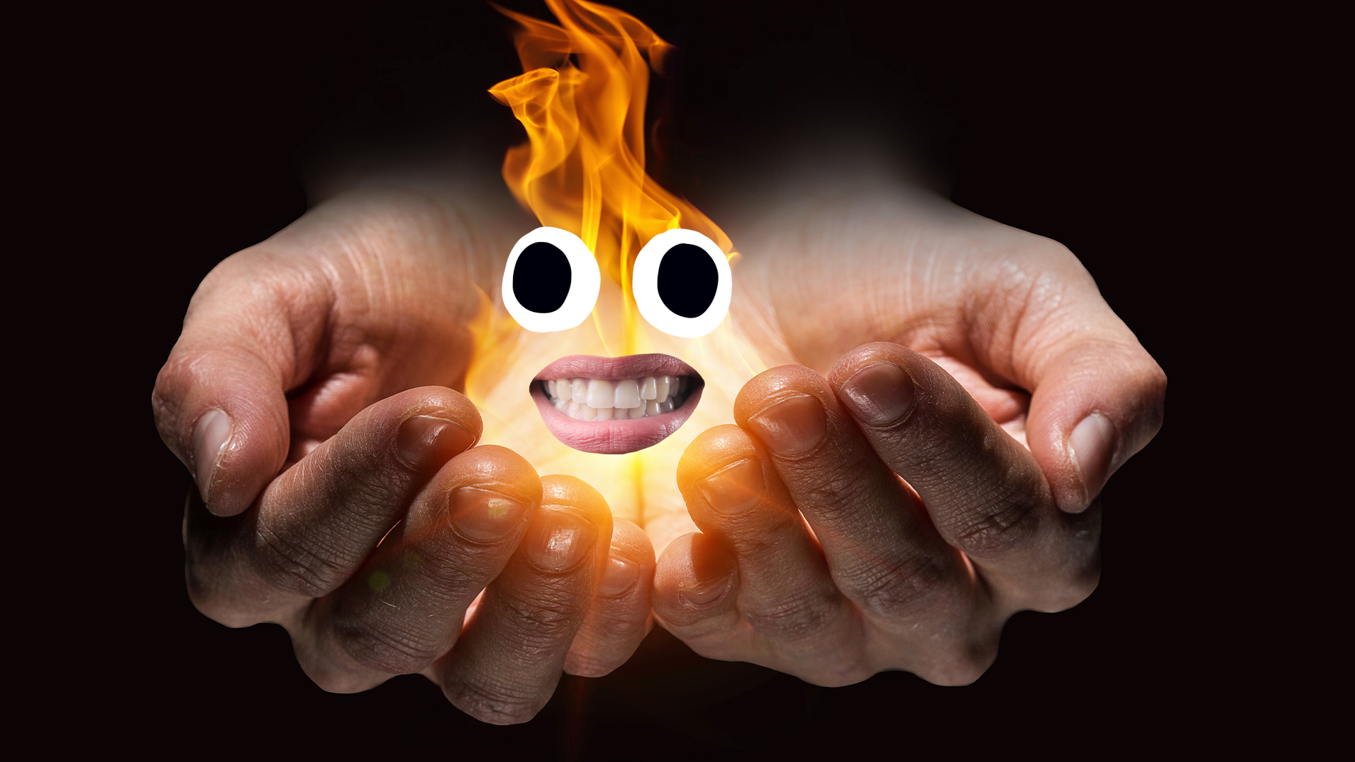 Hands holding fire with smiley face