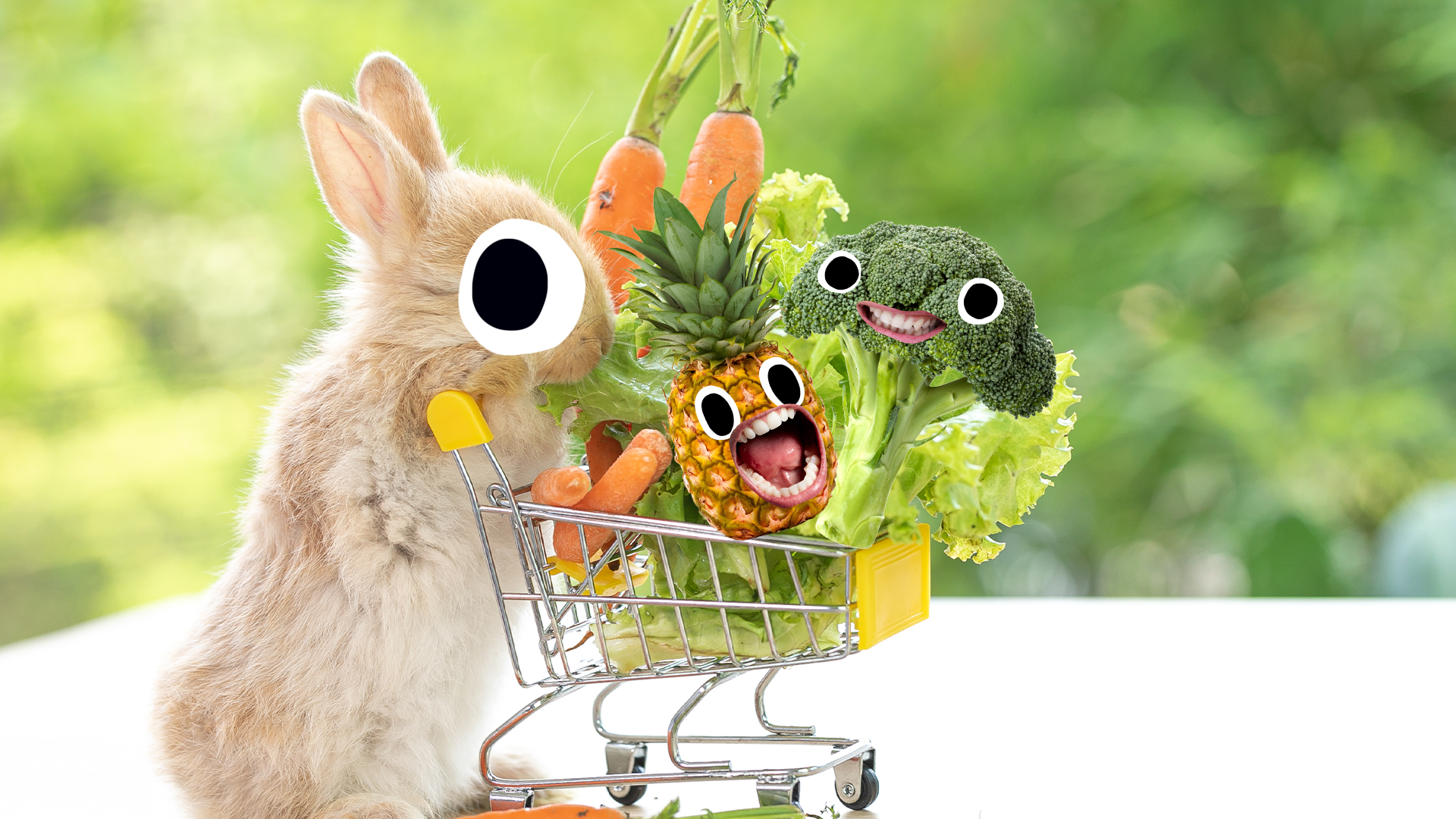 Rabbit with trolley full of goofy veg