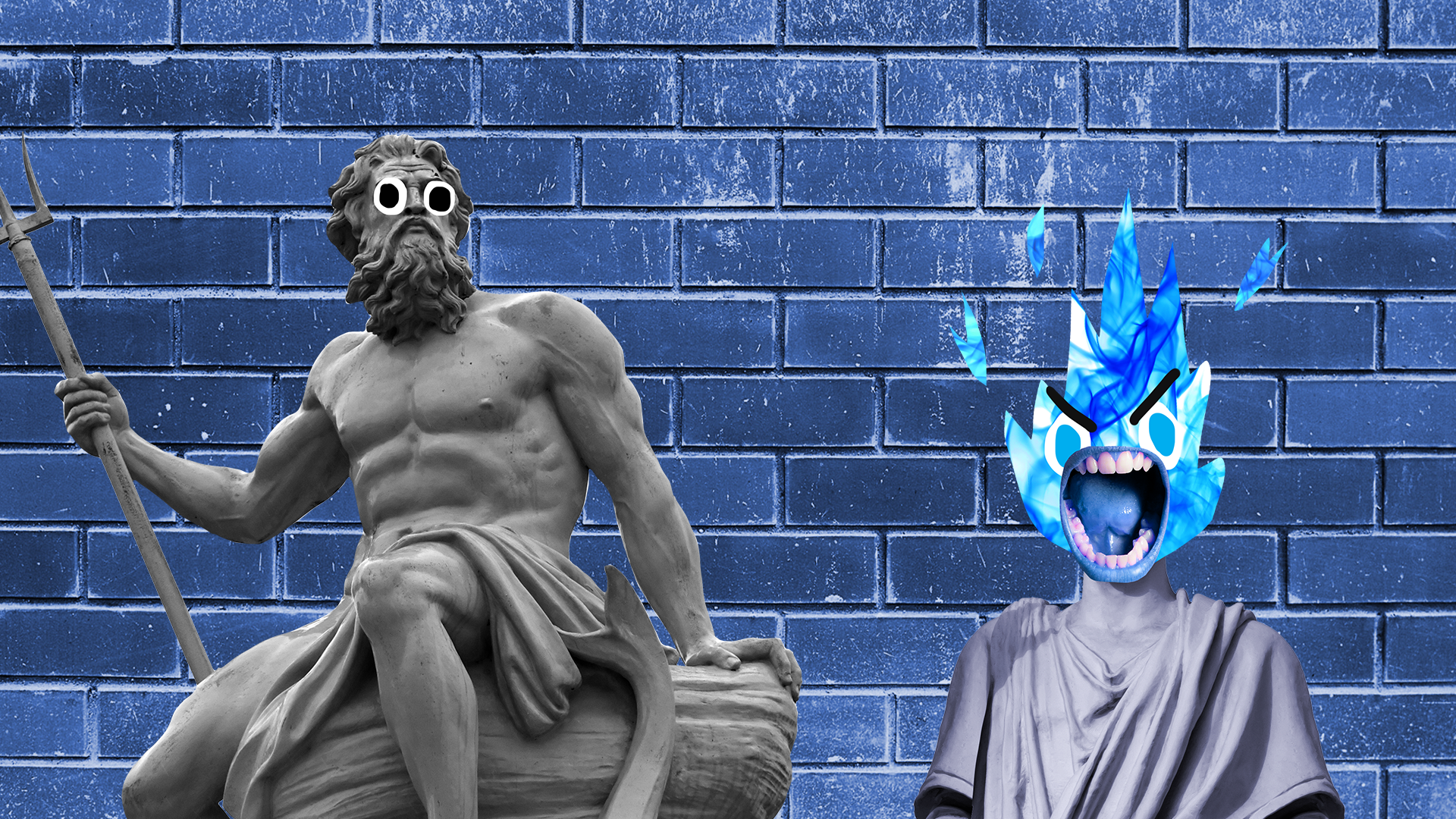 Beano Greek gods on blue background