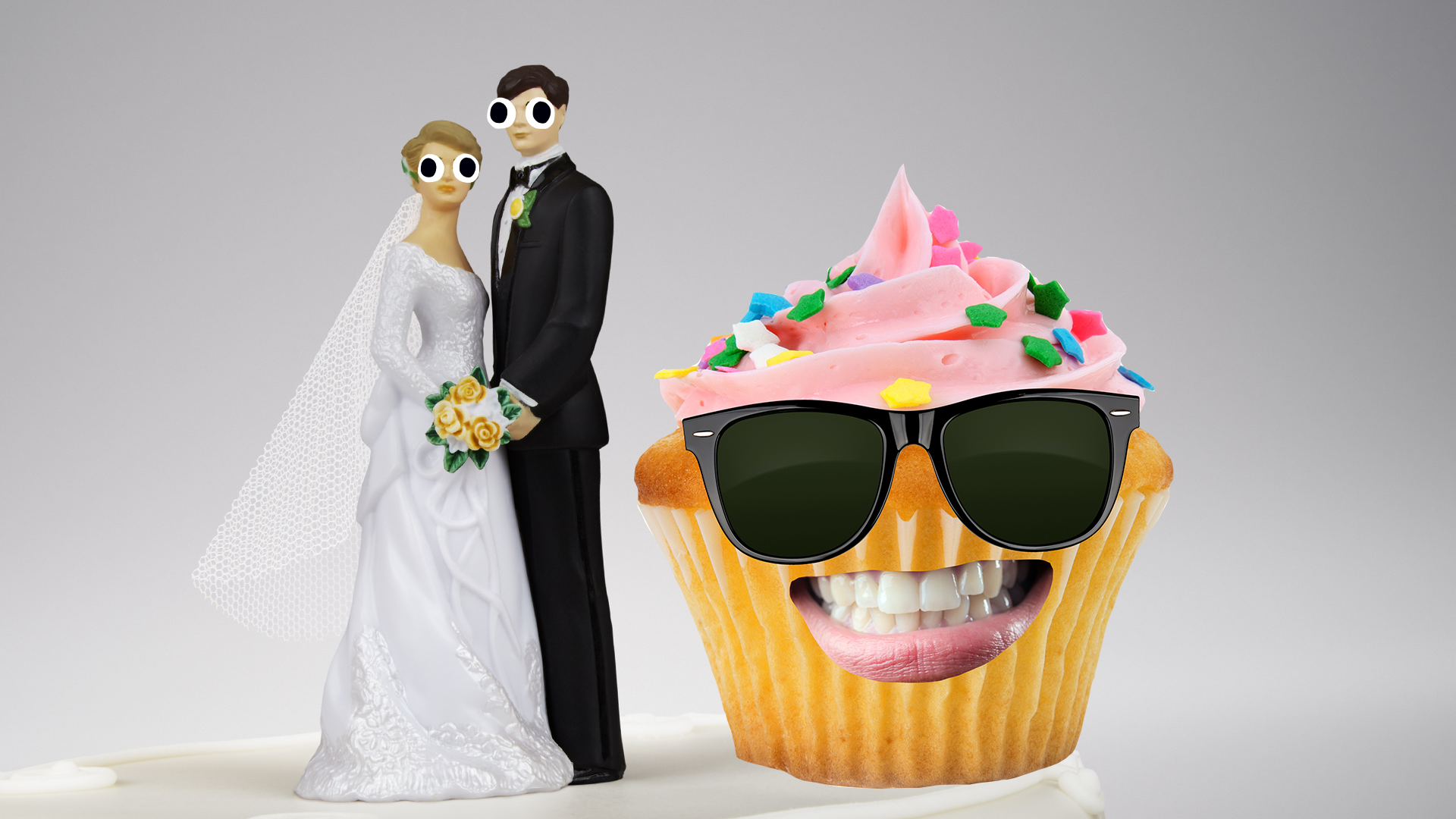Bride and groom toppers with Beano cupcake