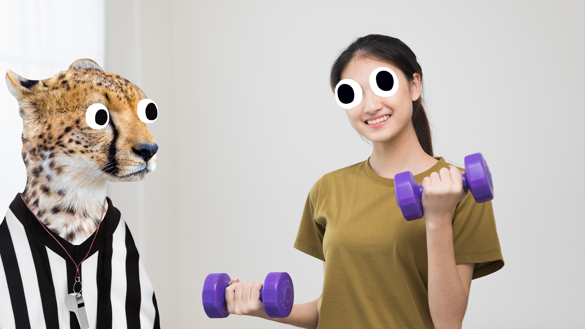 Woman working out and derpy cheetah referee 