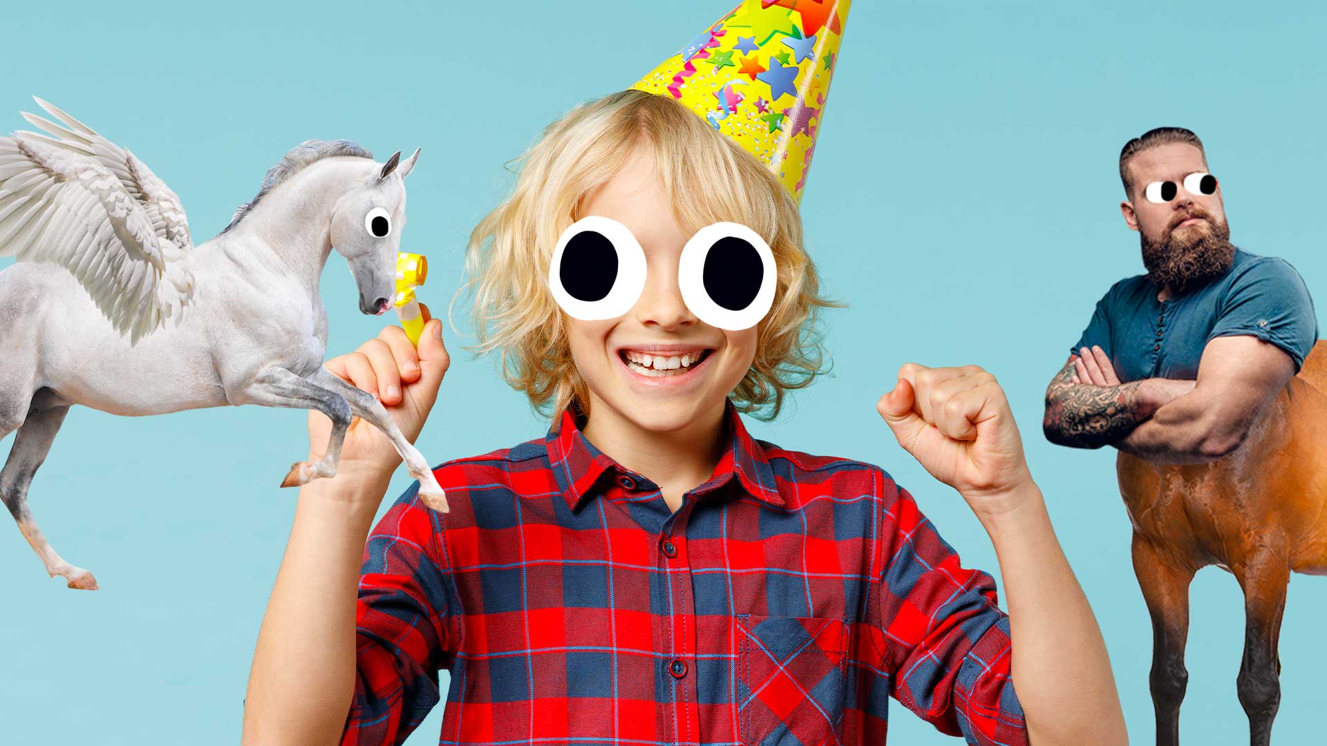 A child in a party hat next to a Pegasus and Centaur