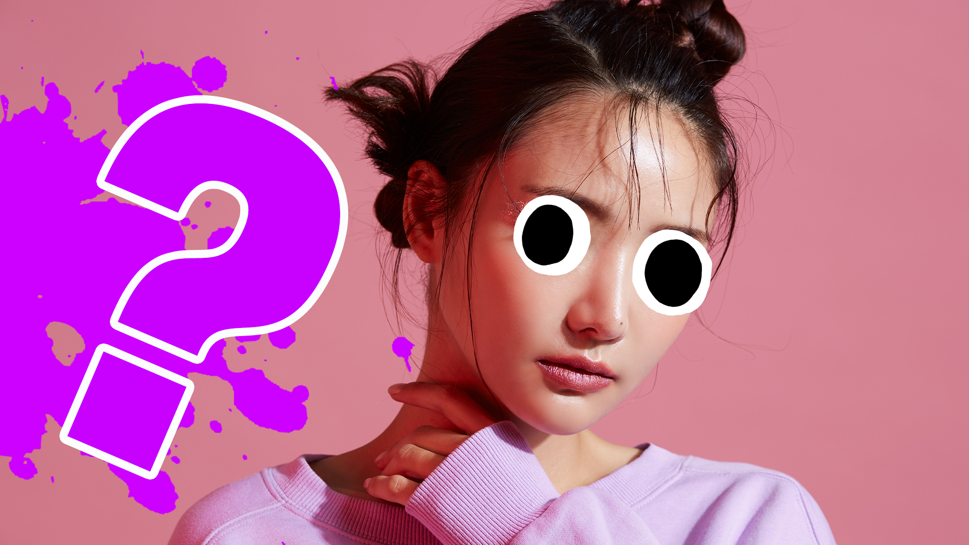 Girl on pink background with splat and question marks