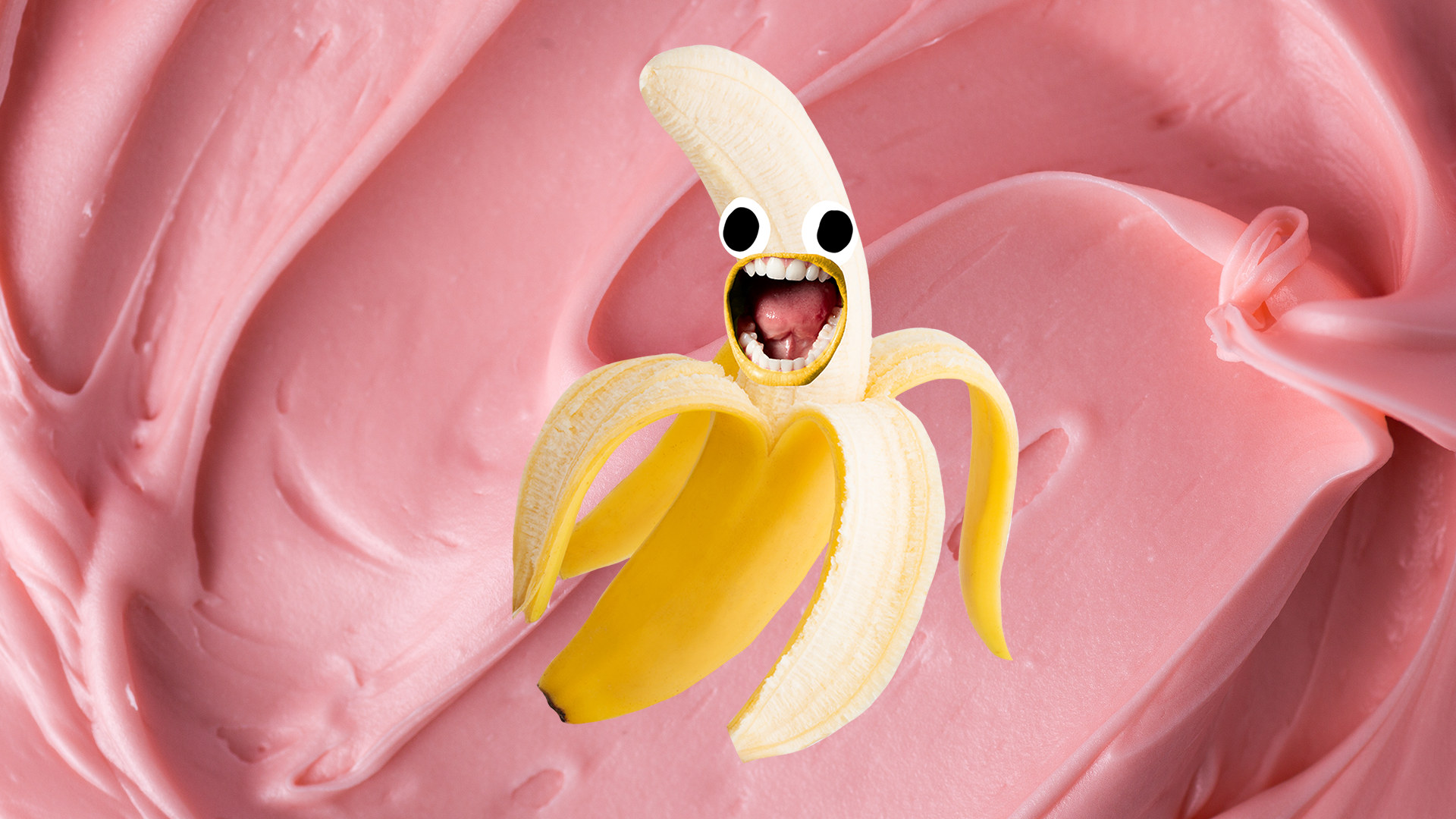 Screaming Beano banana on a pink swirly substance 