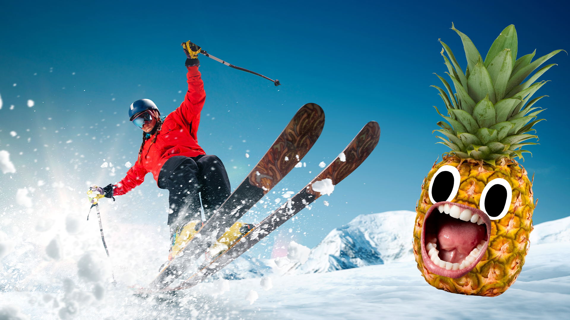 Skiing man and screaming pineapple