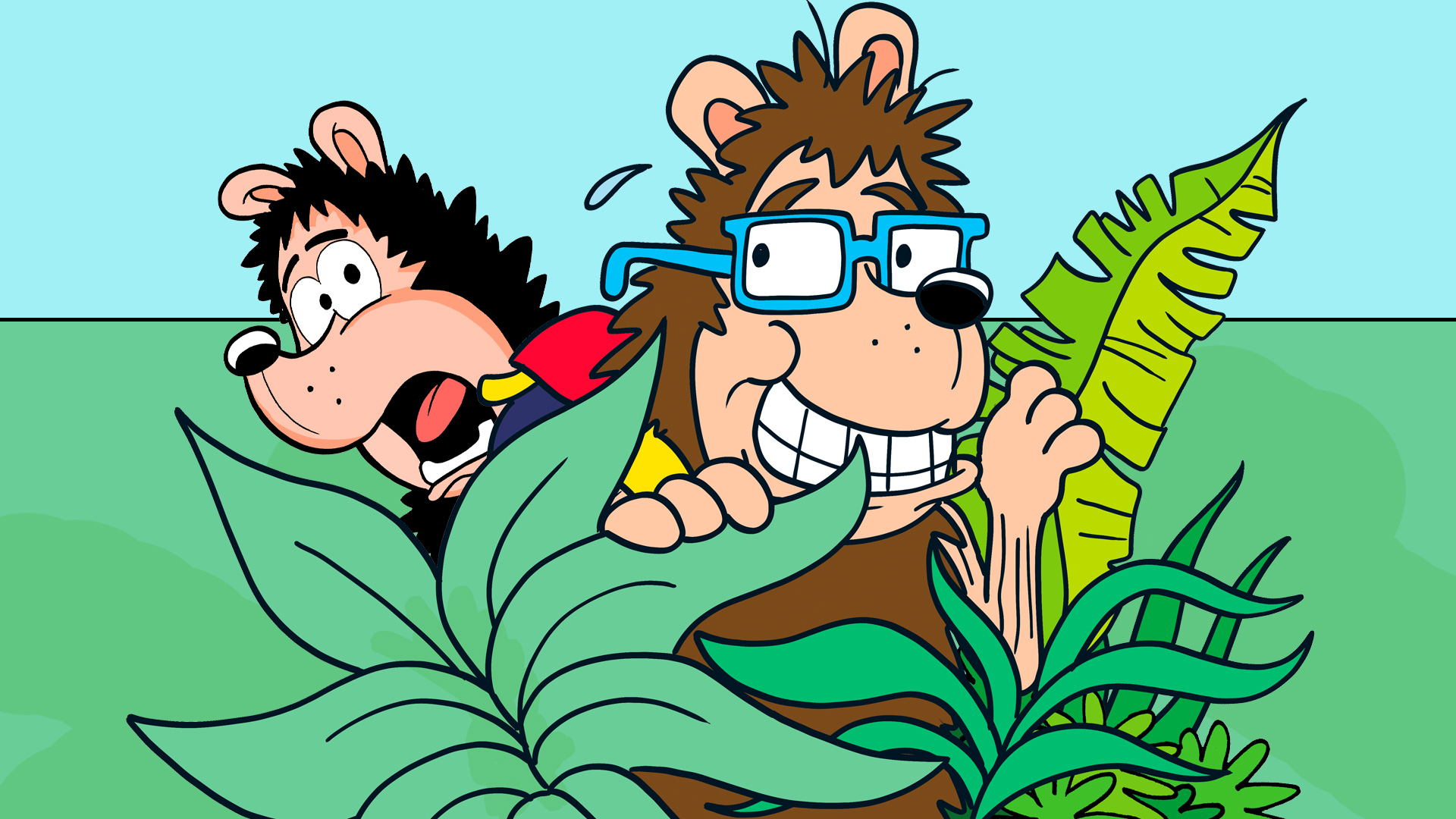 Phil ES Dogg and Gnasher hiding from a dinosaur