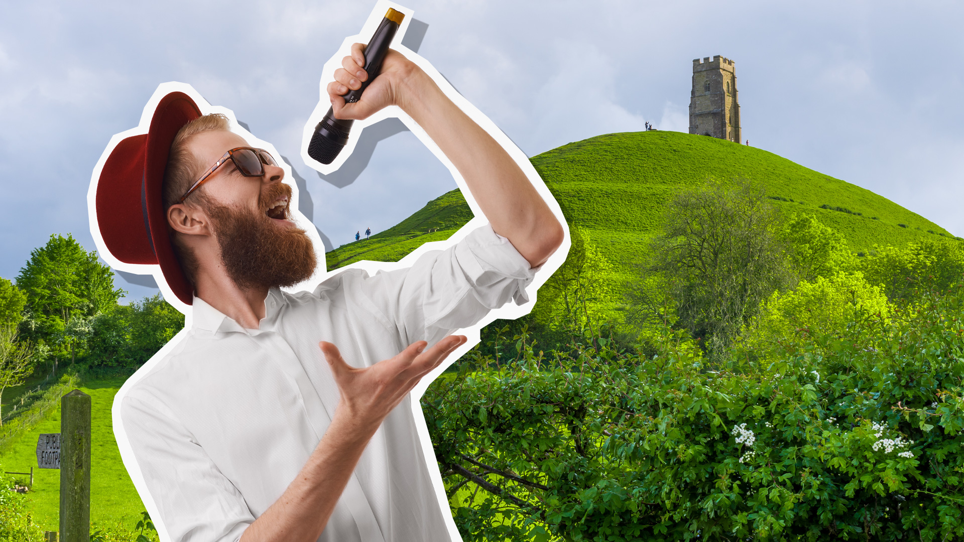 A singer at the foot of Glastonbury Tor
