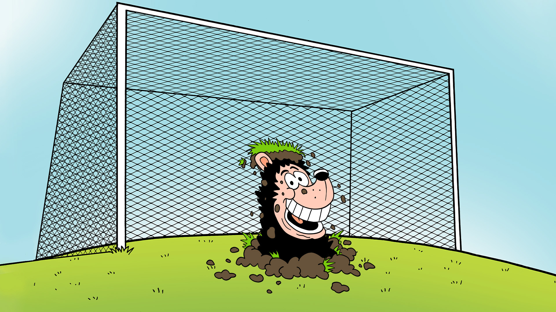 Gnasher appearing in the soil in front of a goal