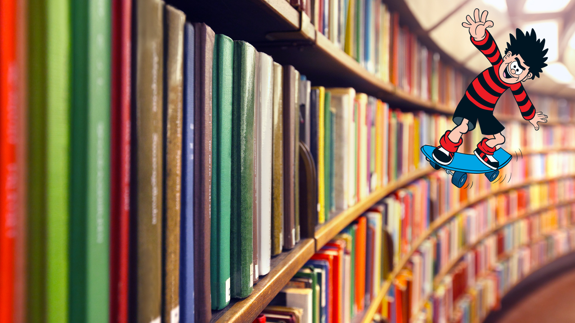 Dennis skateboarding in a library