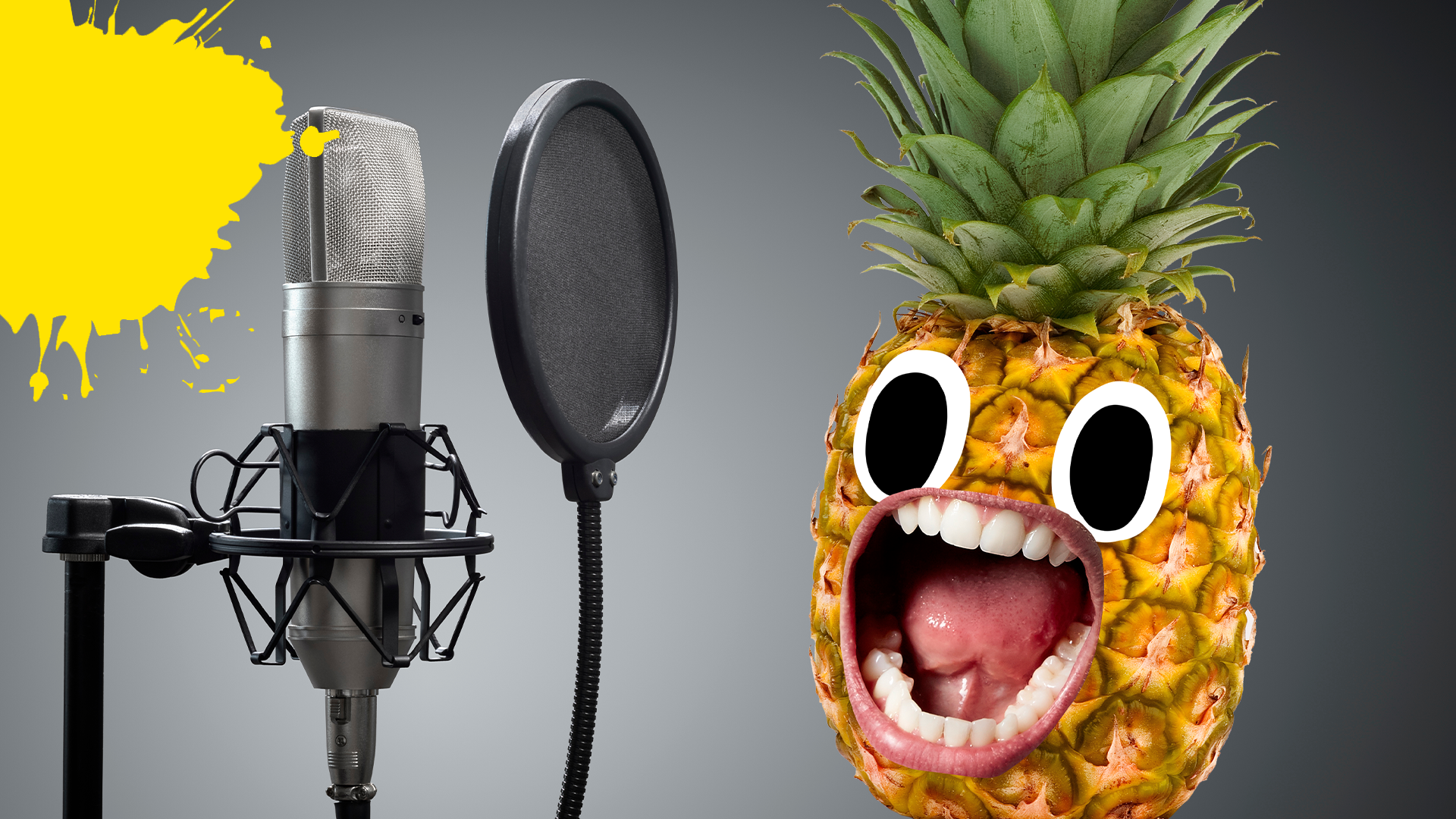 Pineapple singing into mic with splat