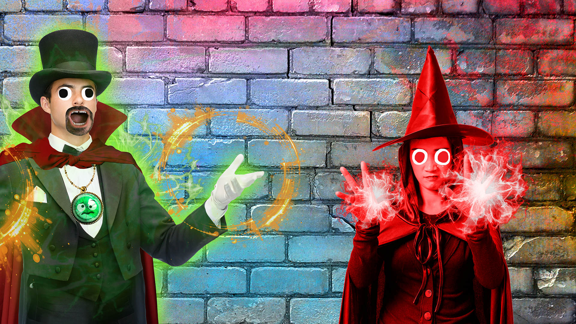 Dr Strange and Scarlet Witch on brick background