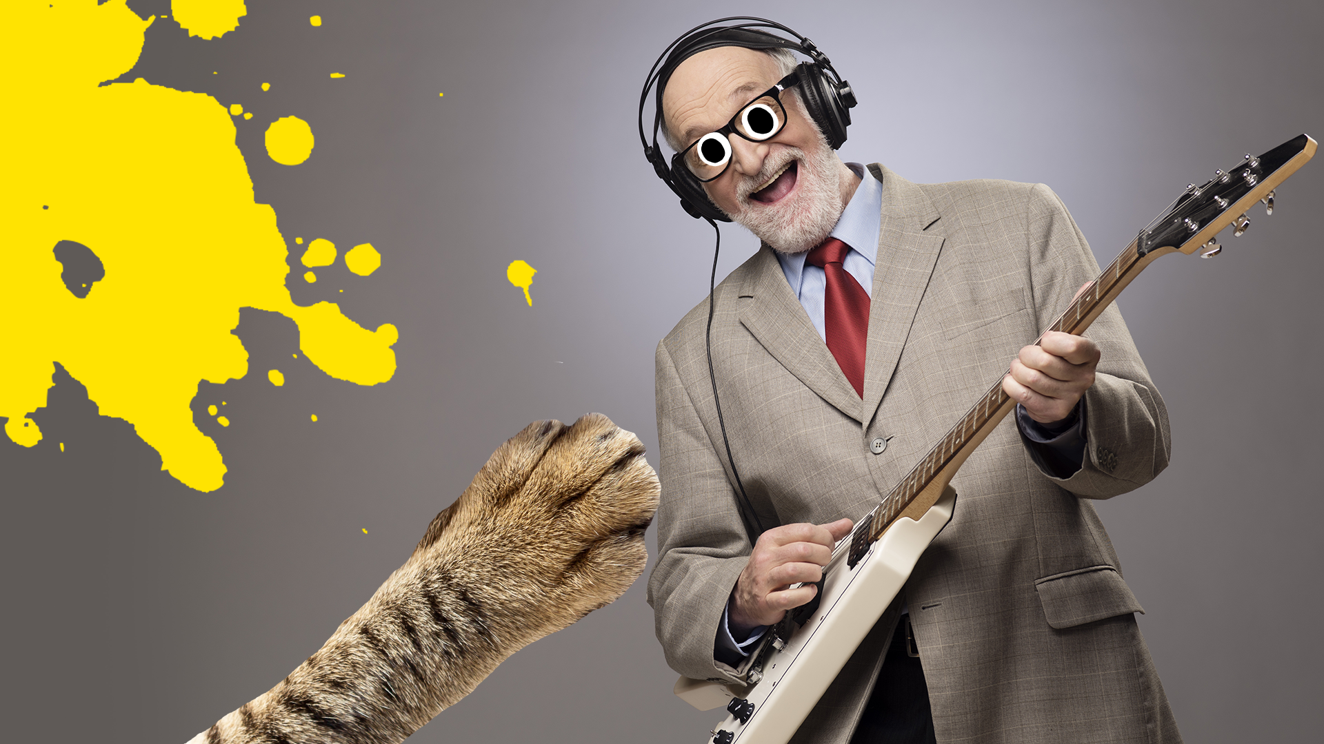 Man playing guitar with paw and splats 