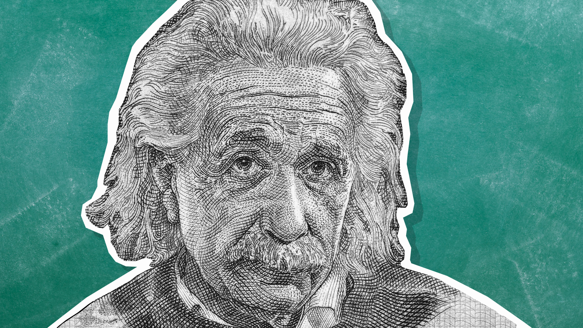 Albert Einstein and a green chalkboard background