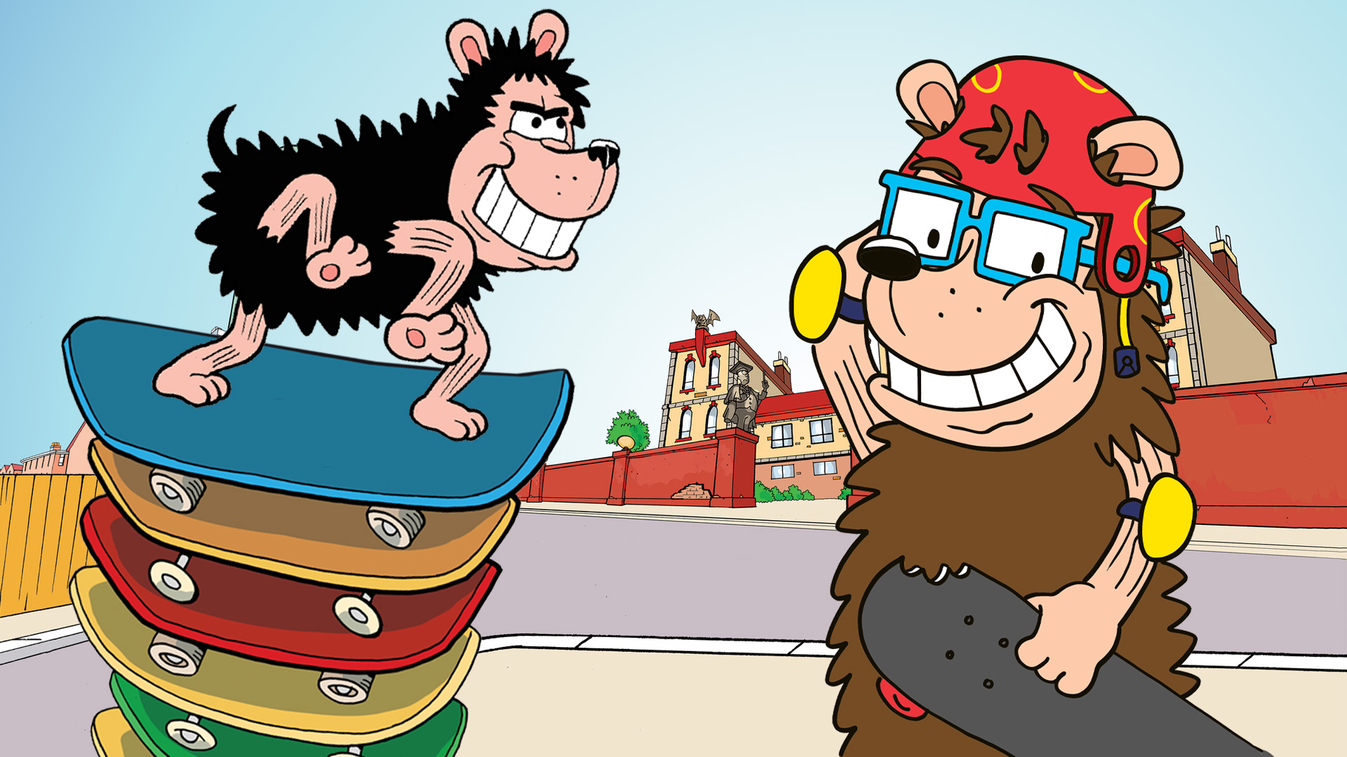 Phil and Gnasher messing about with skateboards