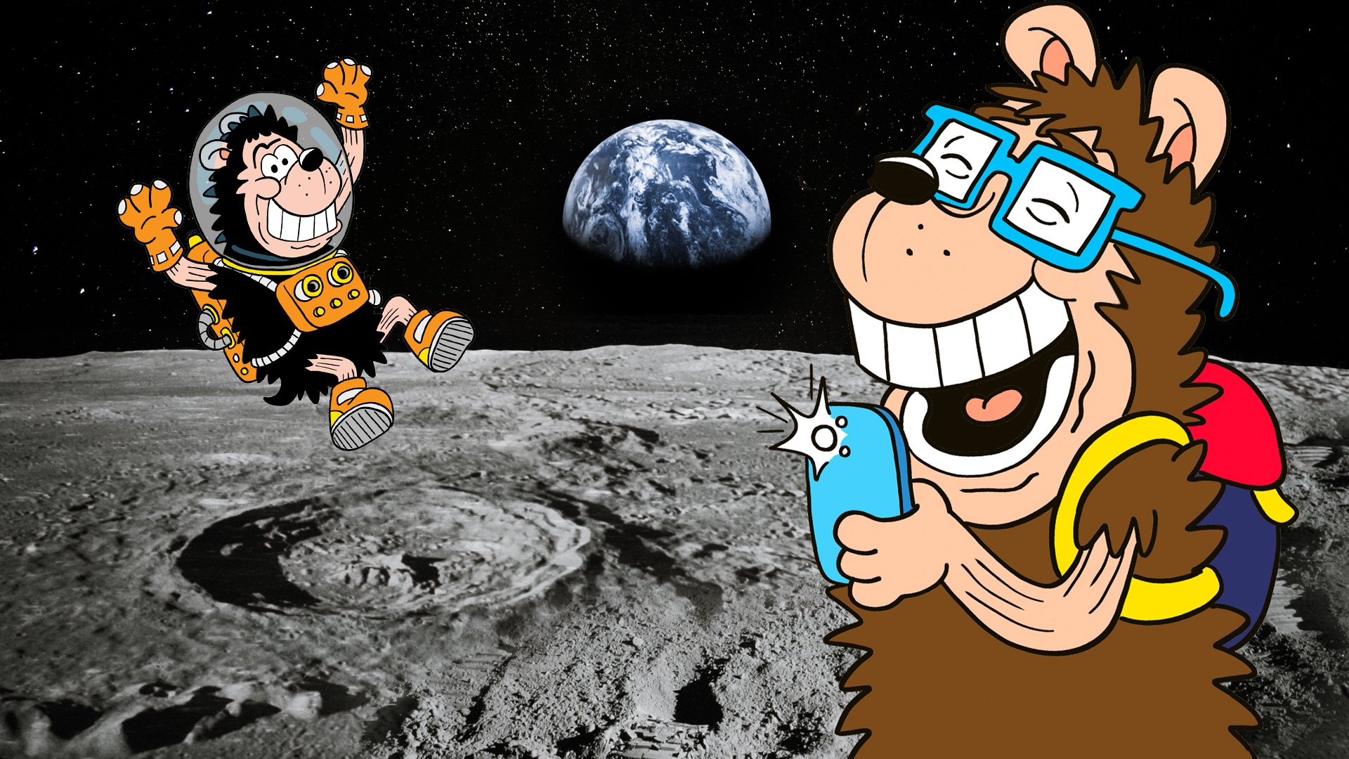 Phil ES Dogg and Gnasher on the moon