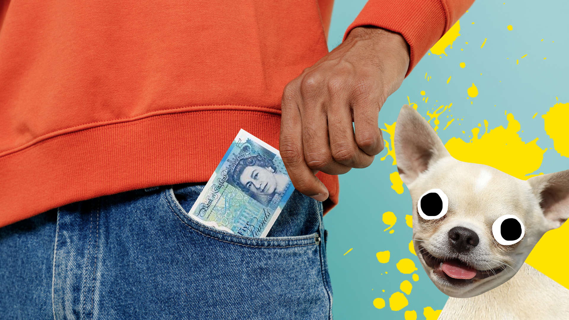 A man with money in his pocket, with a little dog next to them