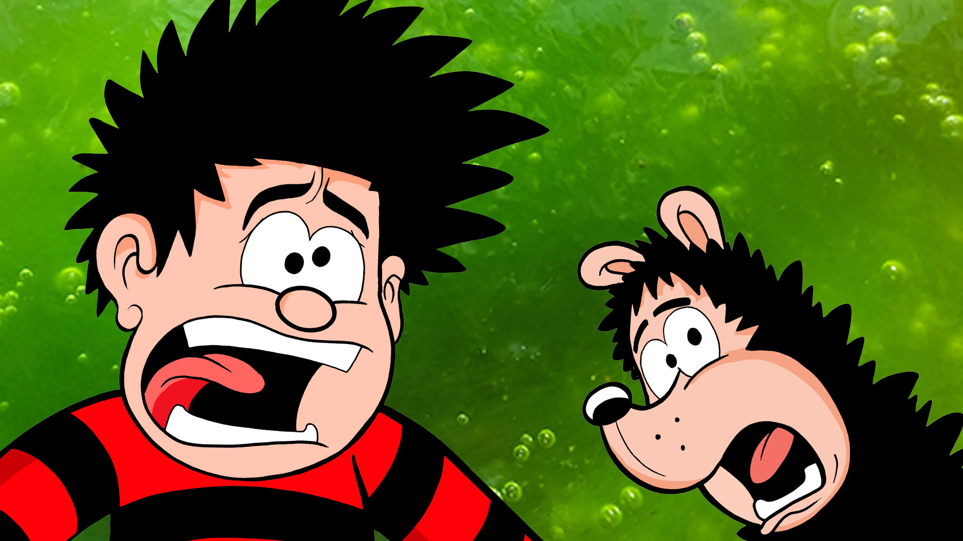 Dennis and Gnasher looking scared with a slimy background