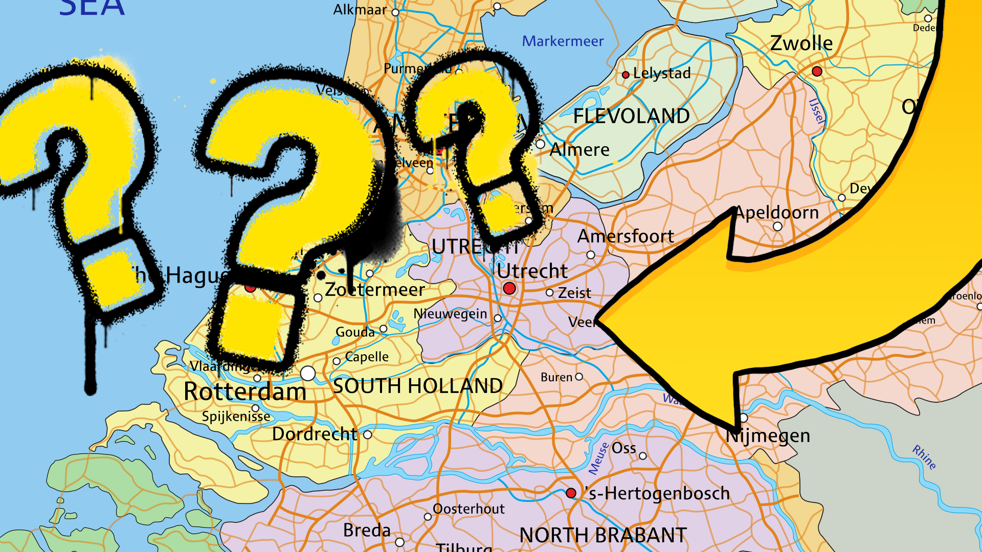 Map of the Netherlands, arrow and questions marks