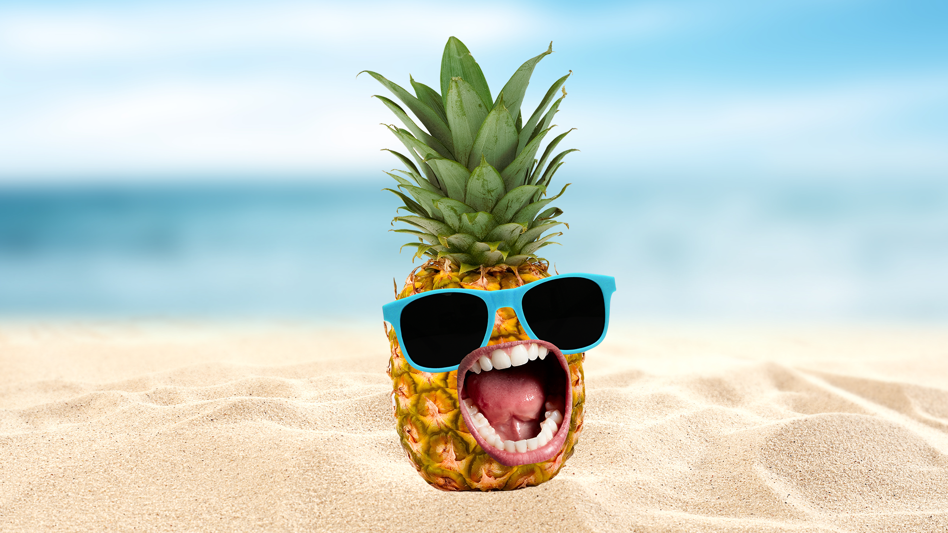 Screaming Beano pineapple on beach