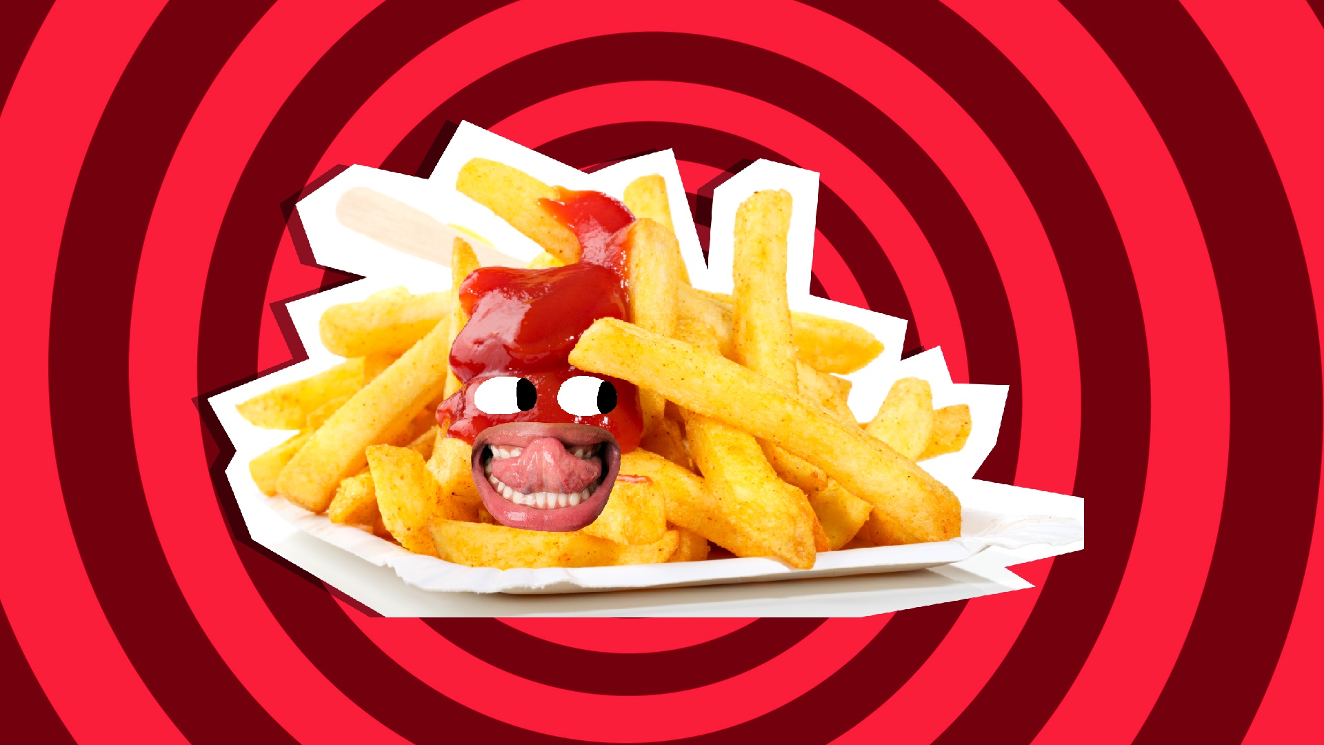 A plate of chips and a blob of ketchup