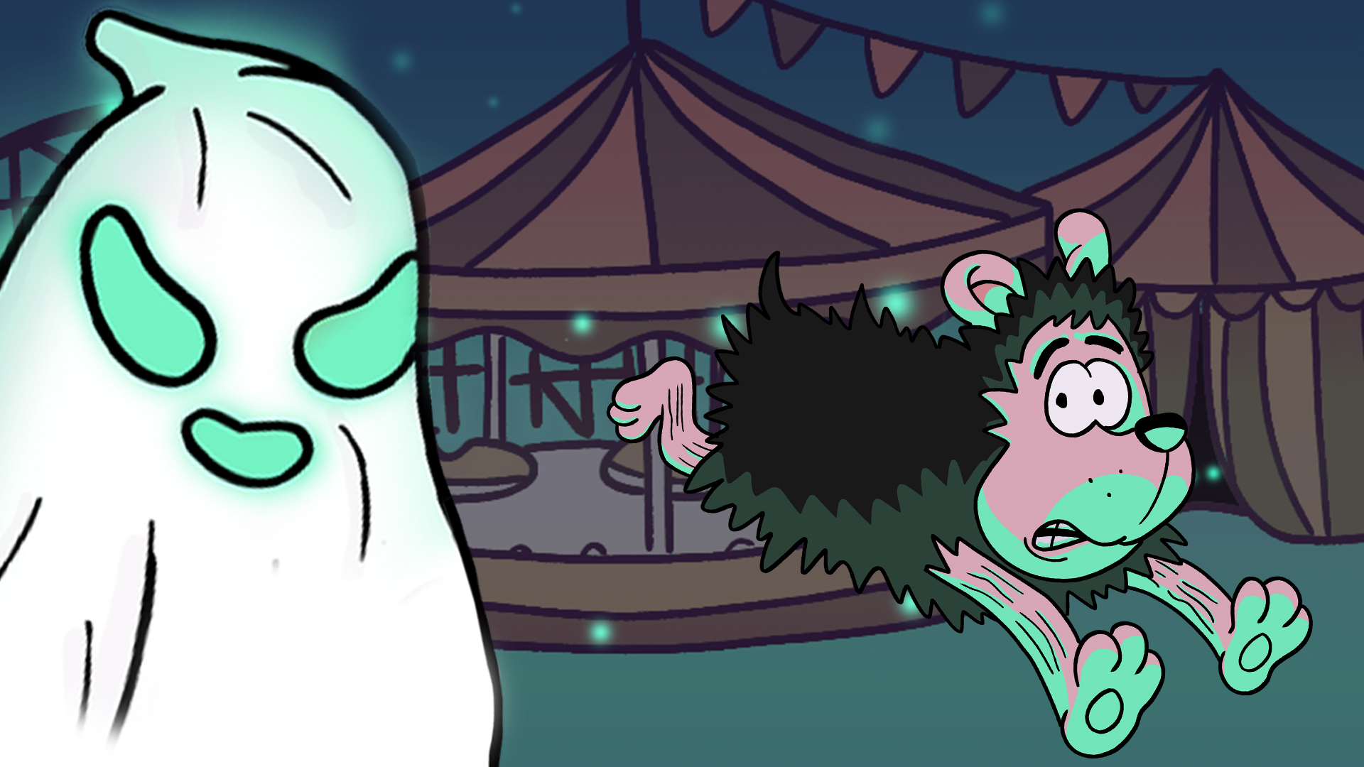 A ghost and Gnasher in a fairground