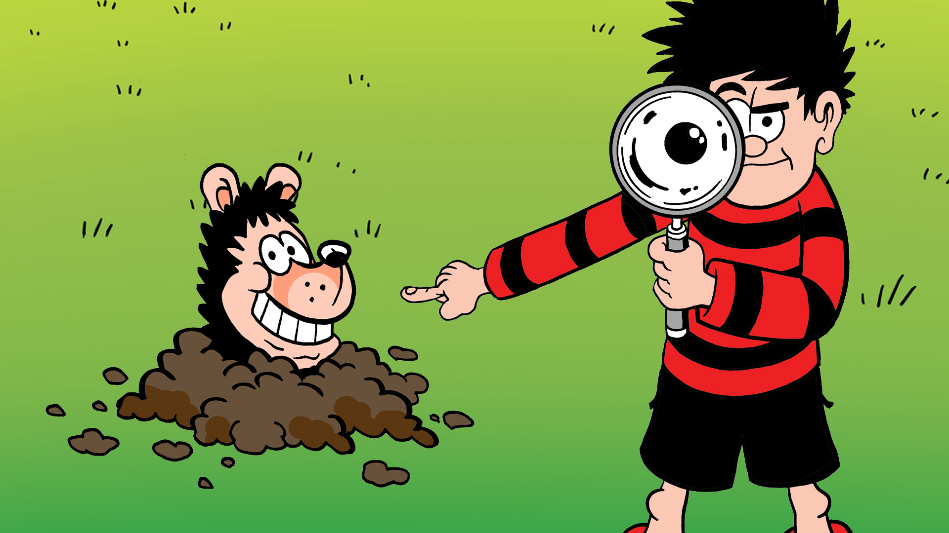 Gnasher playing in a pile of soil with Dennis
