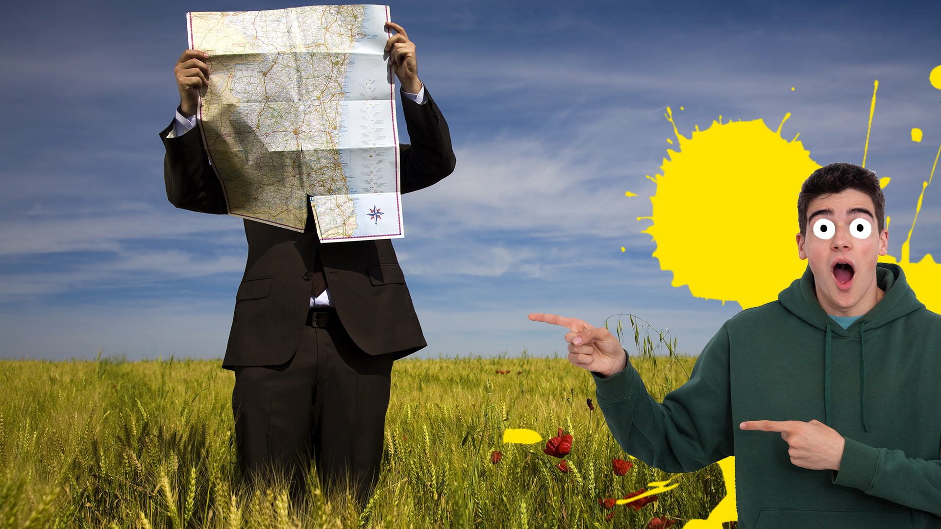 A man looking at a map in an empty field, with another man pointing at him