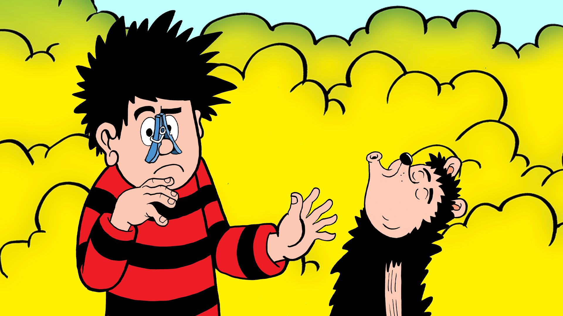 Dennis and Gnasher in a smelly fart cloud