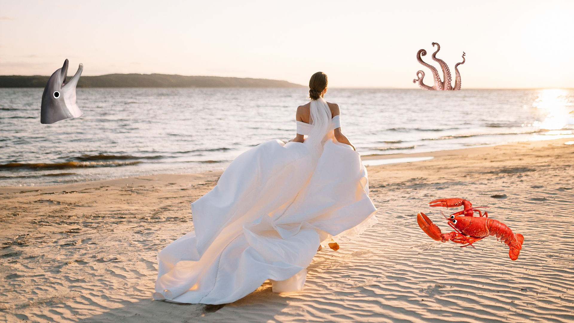 A woman in a wedding dress wandering on a beach