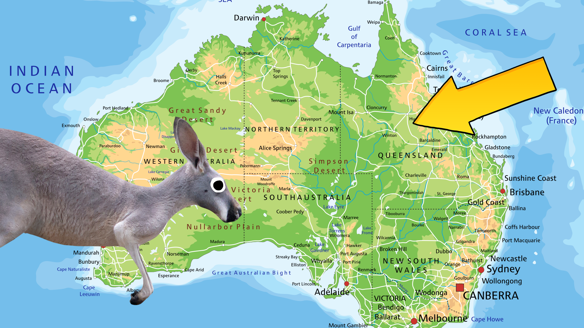 Map of Australia with Beano arrow and kangaroo