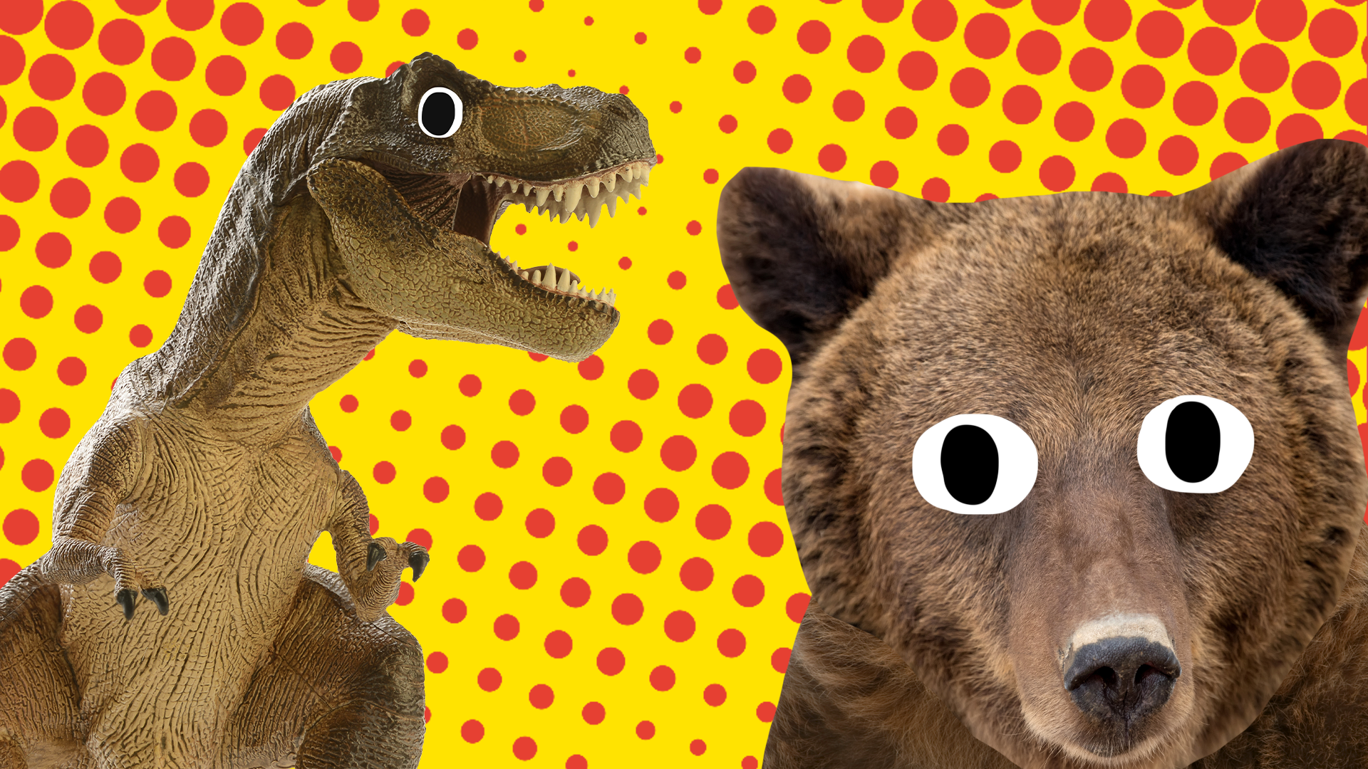 Beano bear and dinosaur on red and yellow background