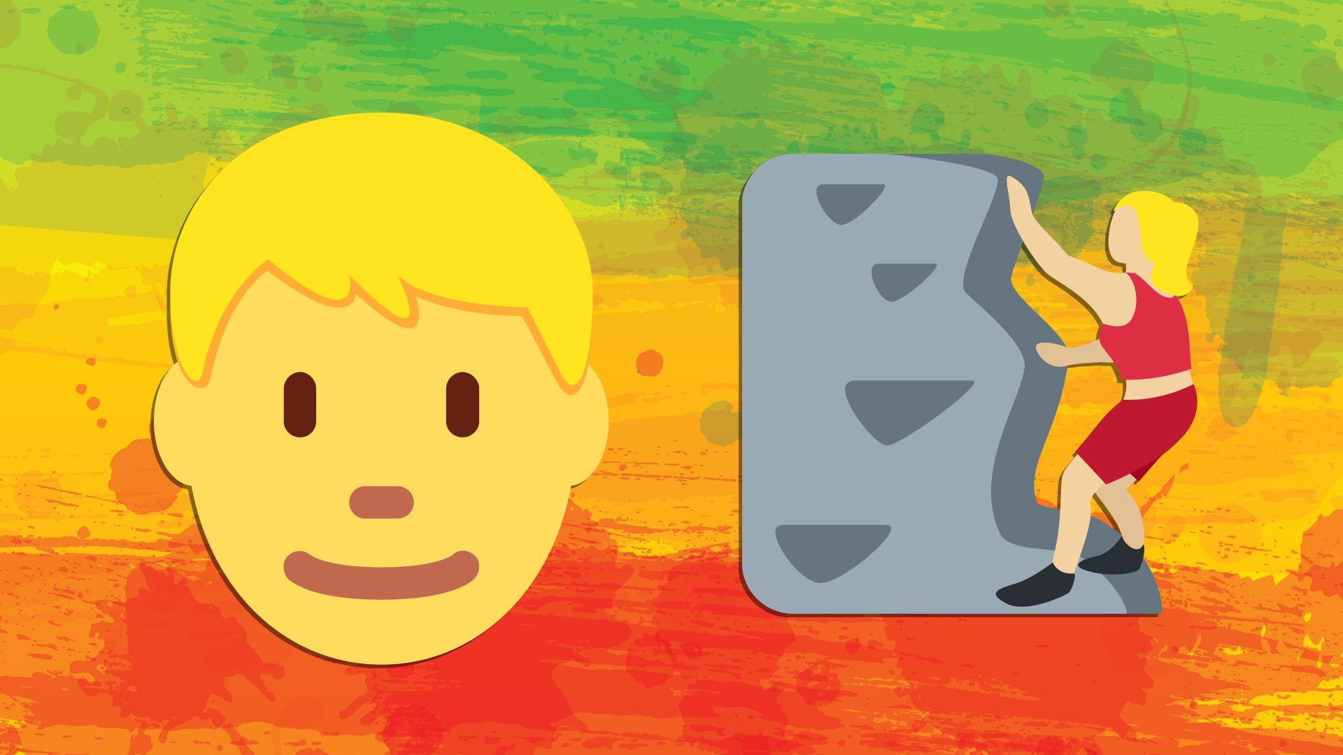 A face emoji and a rock climbing emoji