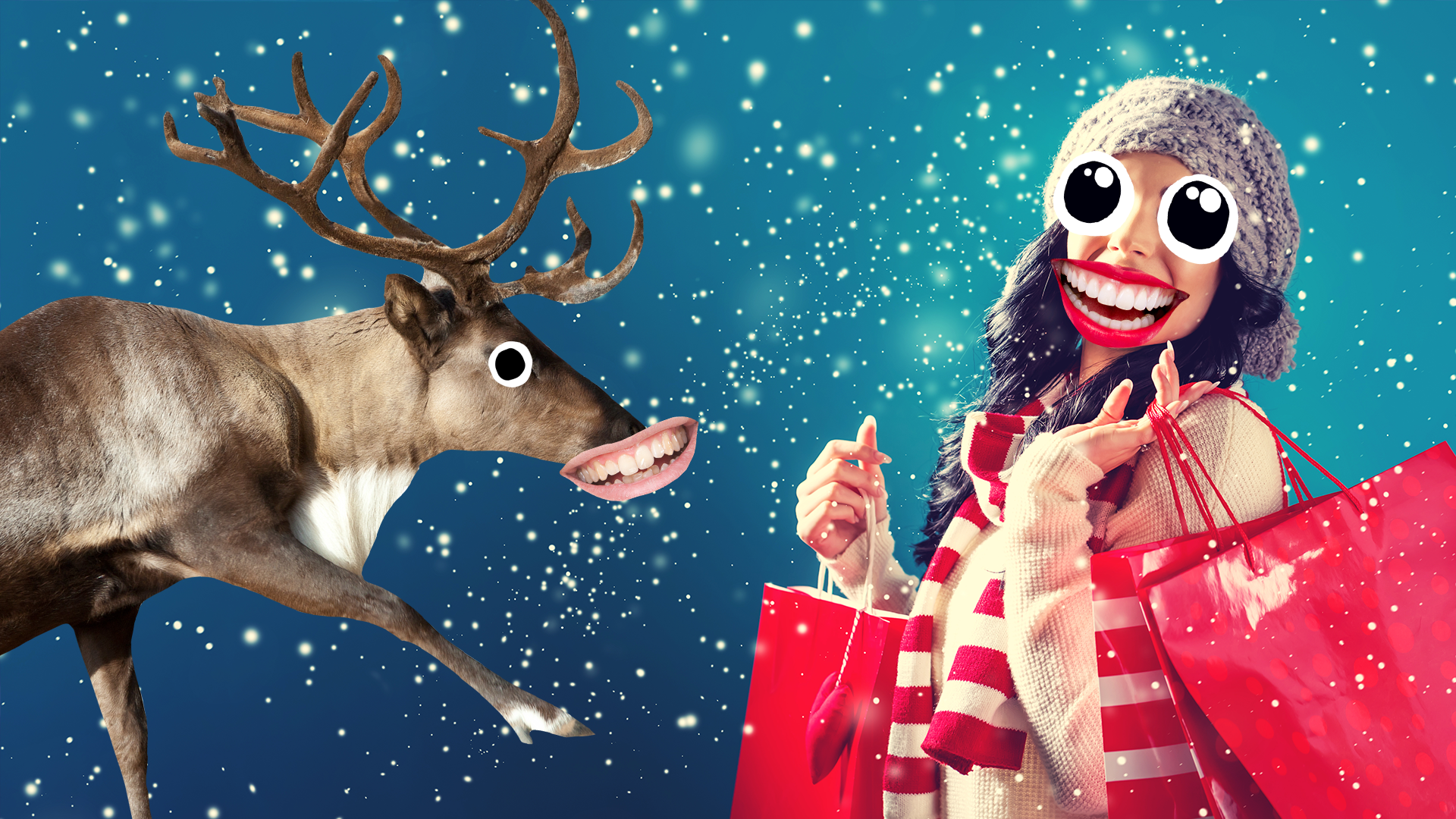A person Christmas shopping with a smiling reindeer
