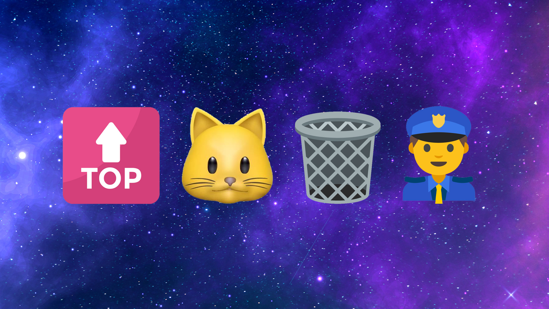 Emojis: sign with an arrow pointing upwards, a cat emoji, a waste paper basket and a police officer
