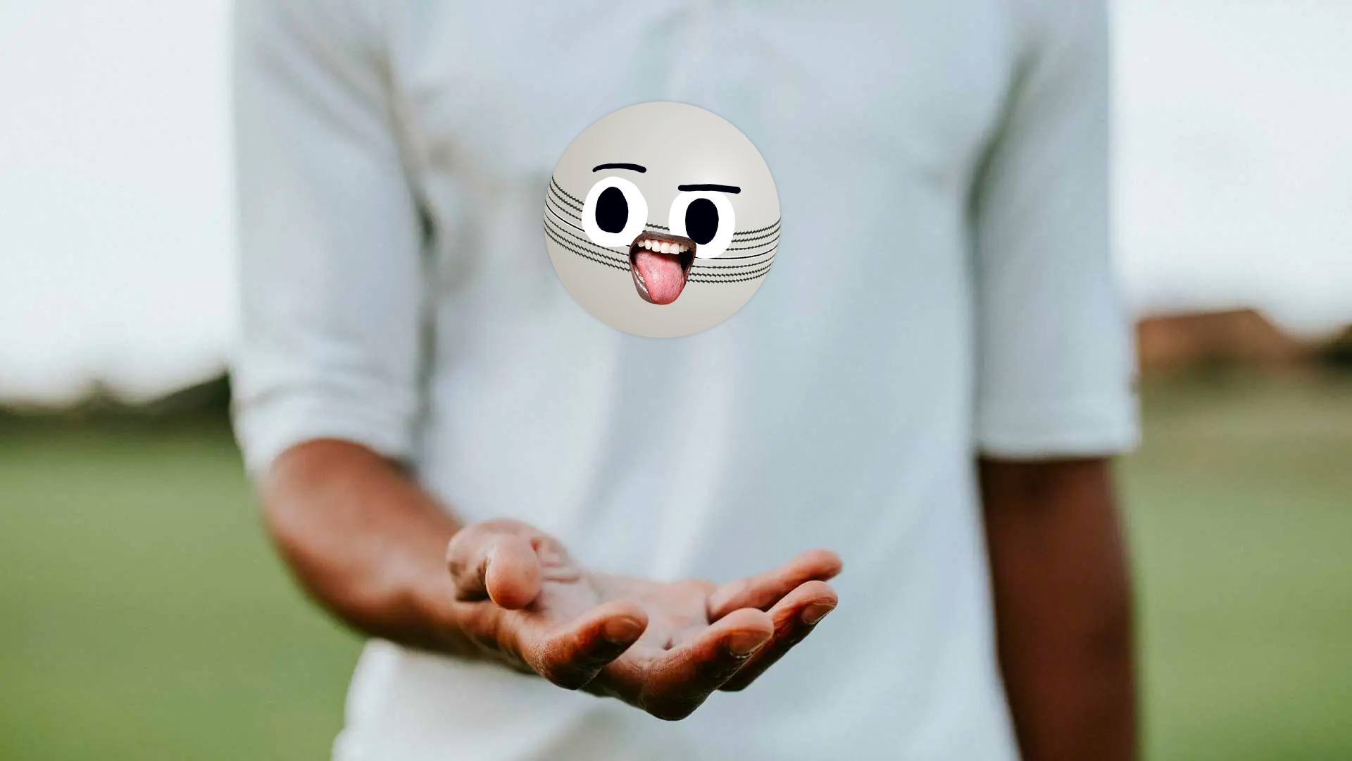 A cricket player with a white ball