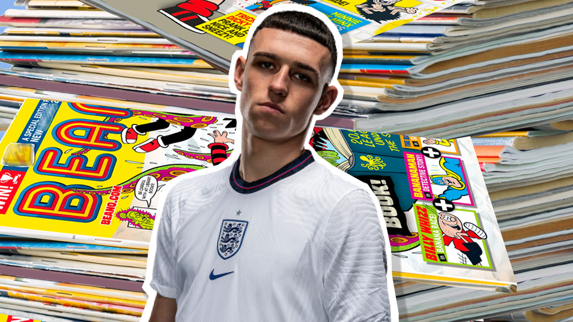Phil Foden in front of a stack of Beanos
