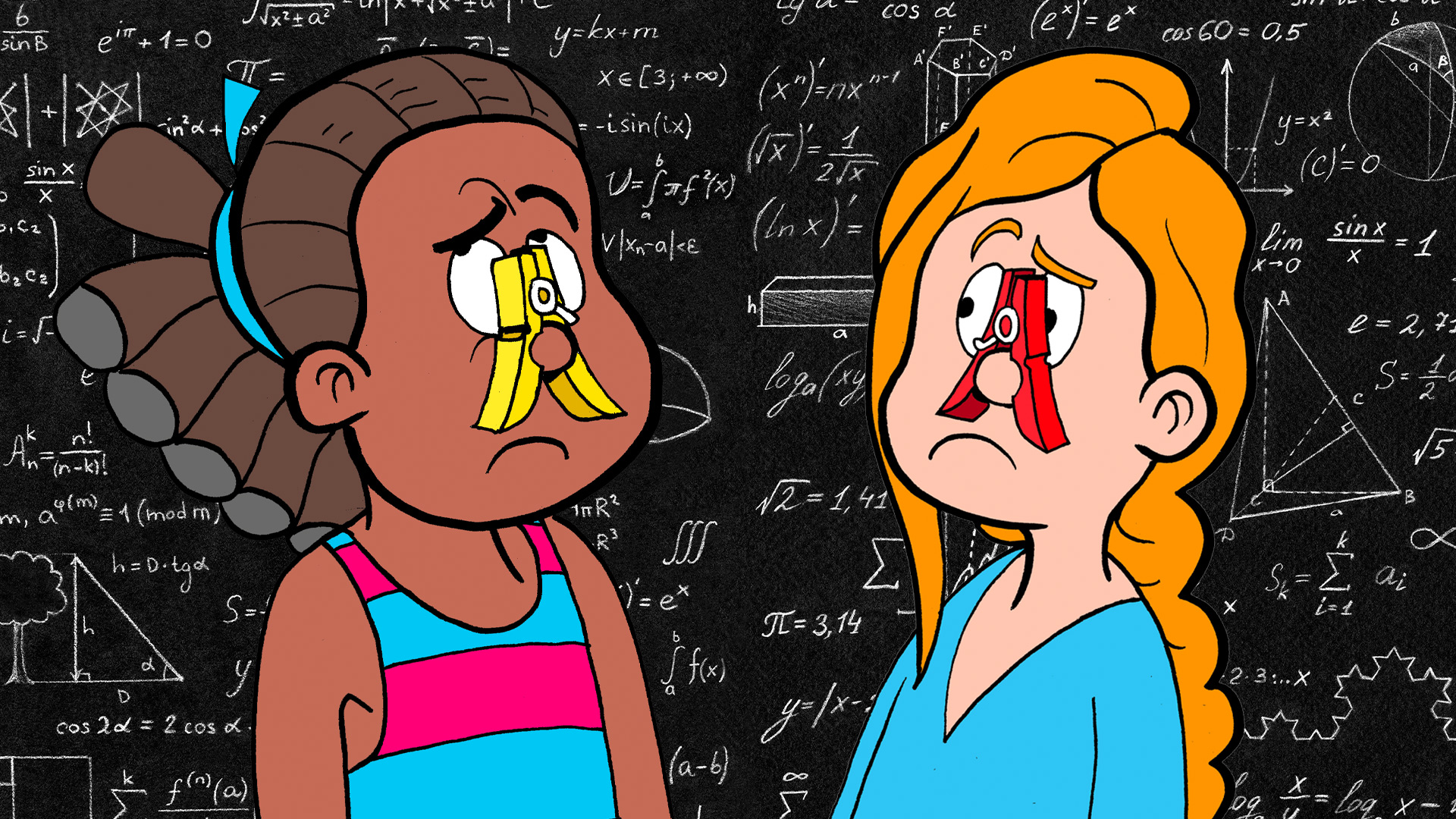 JJ and Rubi wearing clothes pegs on their noses with science equations in the background